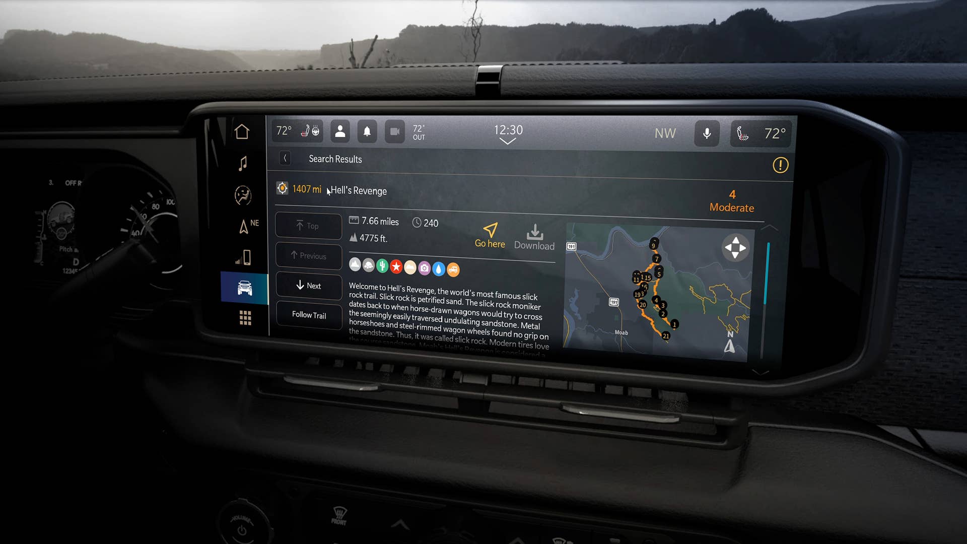 Downloaded right into the Uconnect 5 system and displayed on the new 12.3-inch high-resolution screen, Trails Offroad offers detailed trail guides for the 62 Jeep® Badge of Honor trails, which include Hell’s Revenge in Utah.