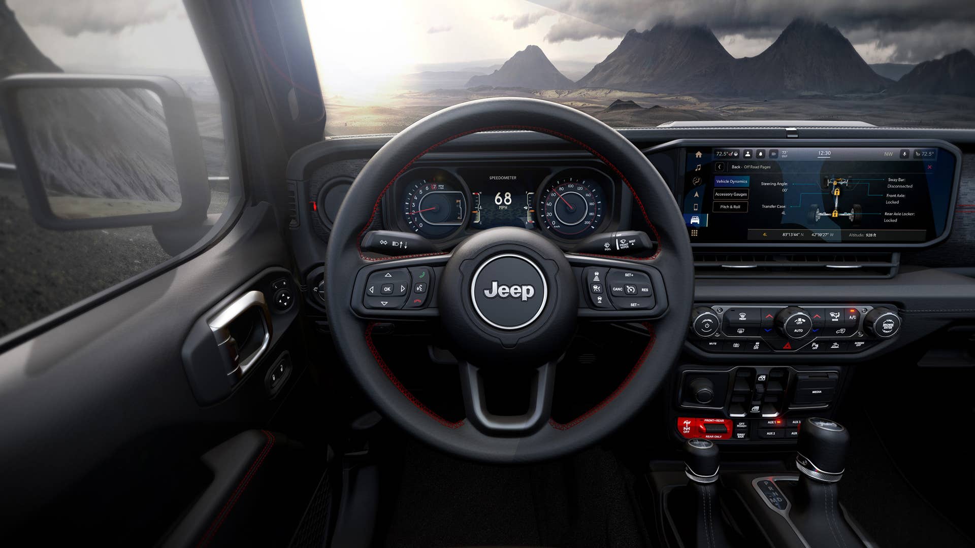 2024 Jeep® Wrangler interior features all-new 12.3-inch Uconnect 5 touchscreen radio and new slim rectangular inboard air vent.