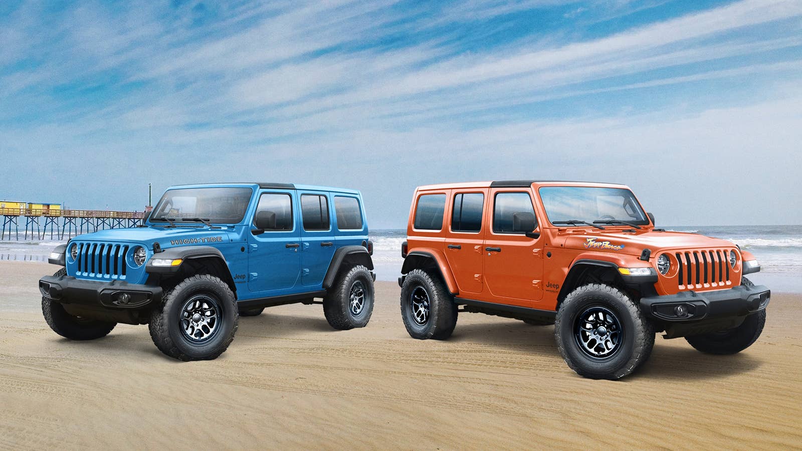 2023 Jeep® Wrangler High Tide (left) and 2023 Jeep Wrangler ‘Jeep Beach’ special-edition models