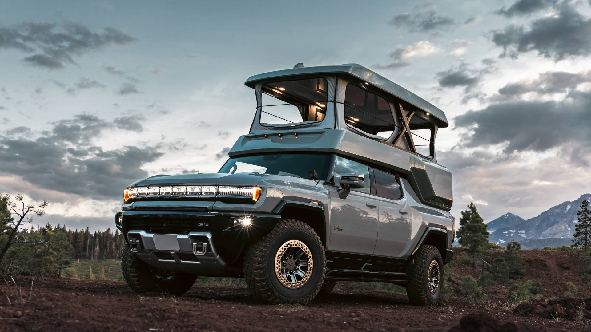 Front 3/4 shot of the GMC HUMMER EV EarthCruiser Upfit by EarthCruiser.