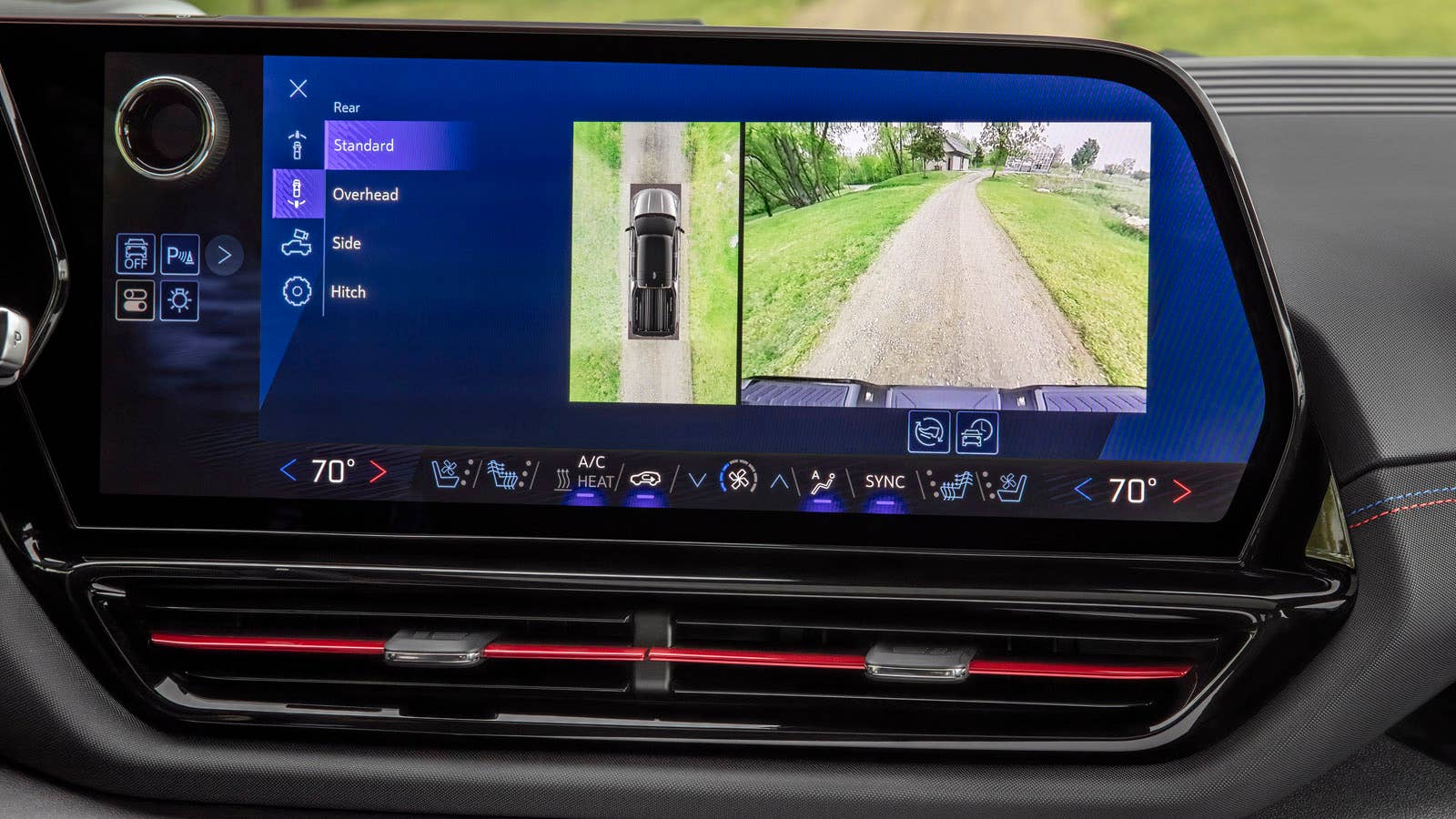 The 2024 Silverado EV RST’s 17-inch-diagonal infotainment screen showcasing two camera views the driver may select.