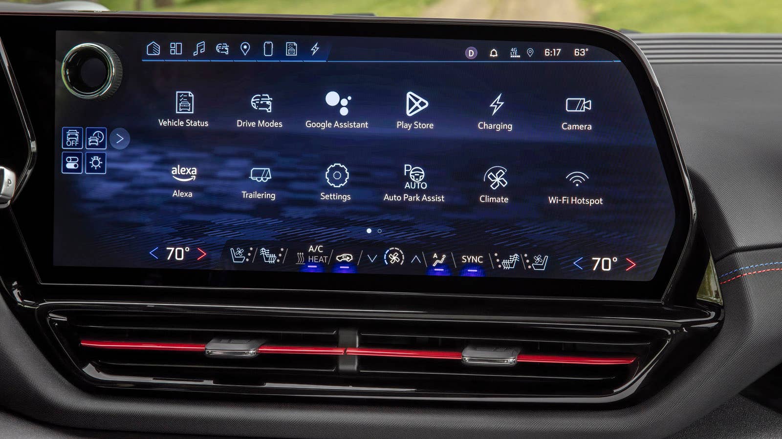 The 2024 Silverado EV RST’s 17-inch-diagonal infotainment screen showcasing the native home screen.