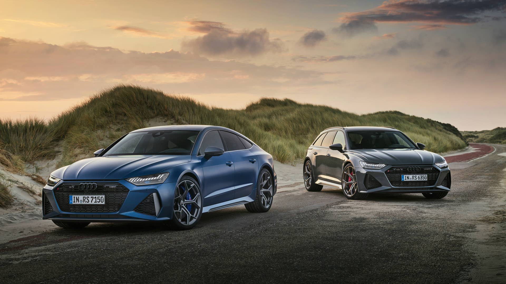 Audi RS 7 Sportback performance, Static photo, Colour: Ascariblue matt. Audi RS 6 Avant performance, Static photo, Colour: Nimbus grey in Pearl Effect.