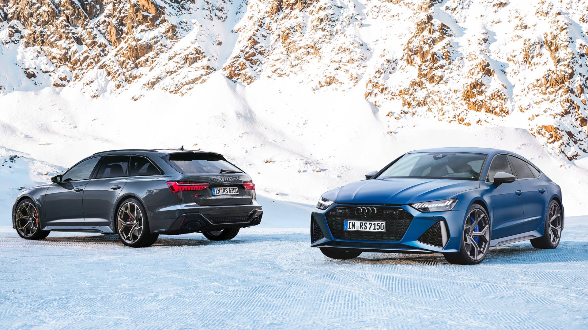 Audi RS 6 Avant performance, Static photo, Colour: Nimbus grey in Pearl Effect. Audi RS 7 Sportback performance, Static photo, Colour: Ascariblue matt..