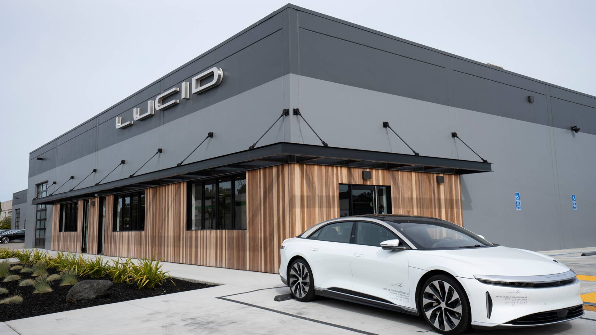 Millbrae, CA, USA - May 5, 2022: A Lucid Air pre production electric car is seen at a Lucid showroom in Millbrae, California. Lucid Group, Inc. is an EV manufacturer based in Newark, California.