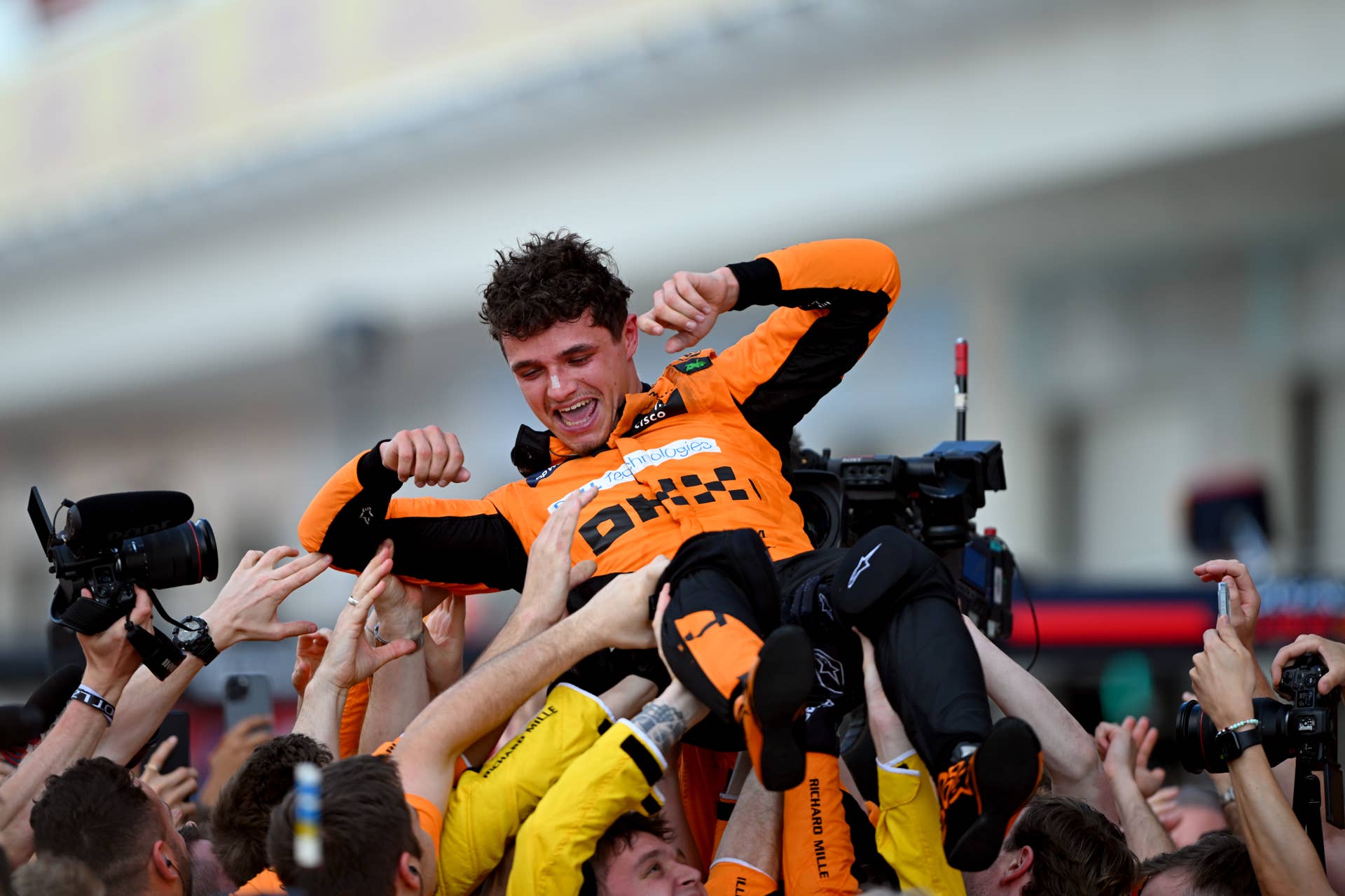 MIAMI, FLORIDA - MAY 05: Race winner Lando Norris of Great Britain and McLaren celebrates in parc ferme during the F1 Grand Prix of Miami at Miami International Autodrome on May 05, 2024 in Miami, Florida. (Photo by Rudy Carezzevoli/Getty Images)