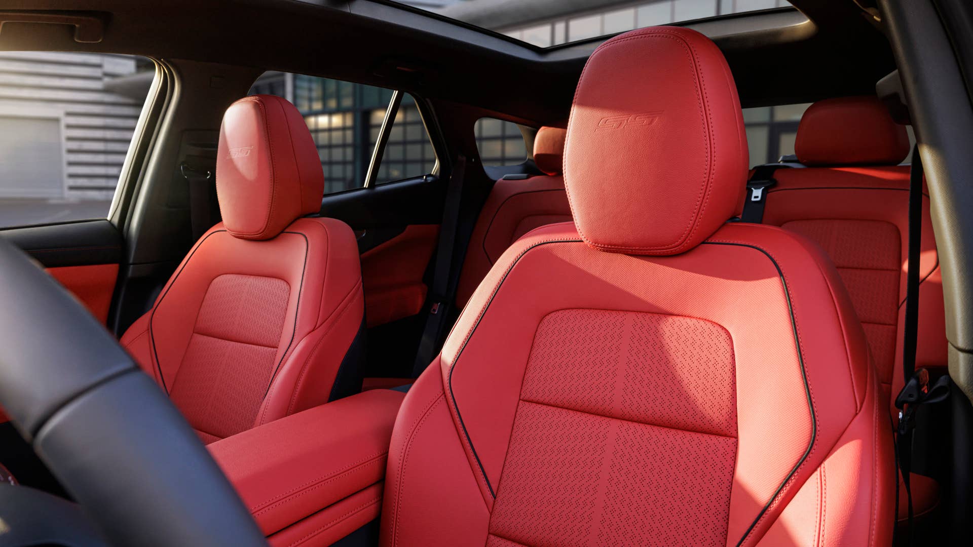 Driver’s side view of Adrenaline Red interior in 2024 Chevrolet Blazer EV SS. Preproduction model shown. Actual production model may vary. 2024 Chevrolet Blazer EV available Spring 2023.