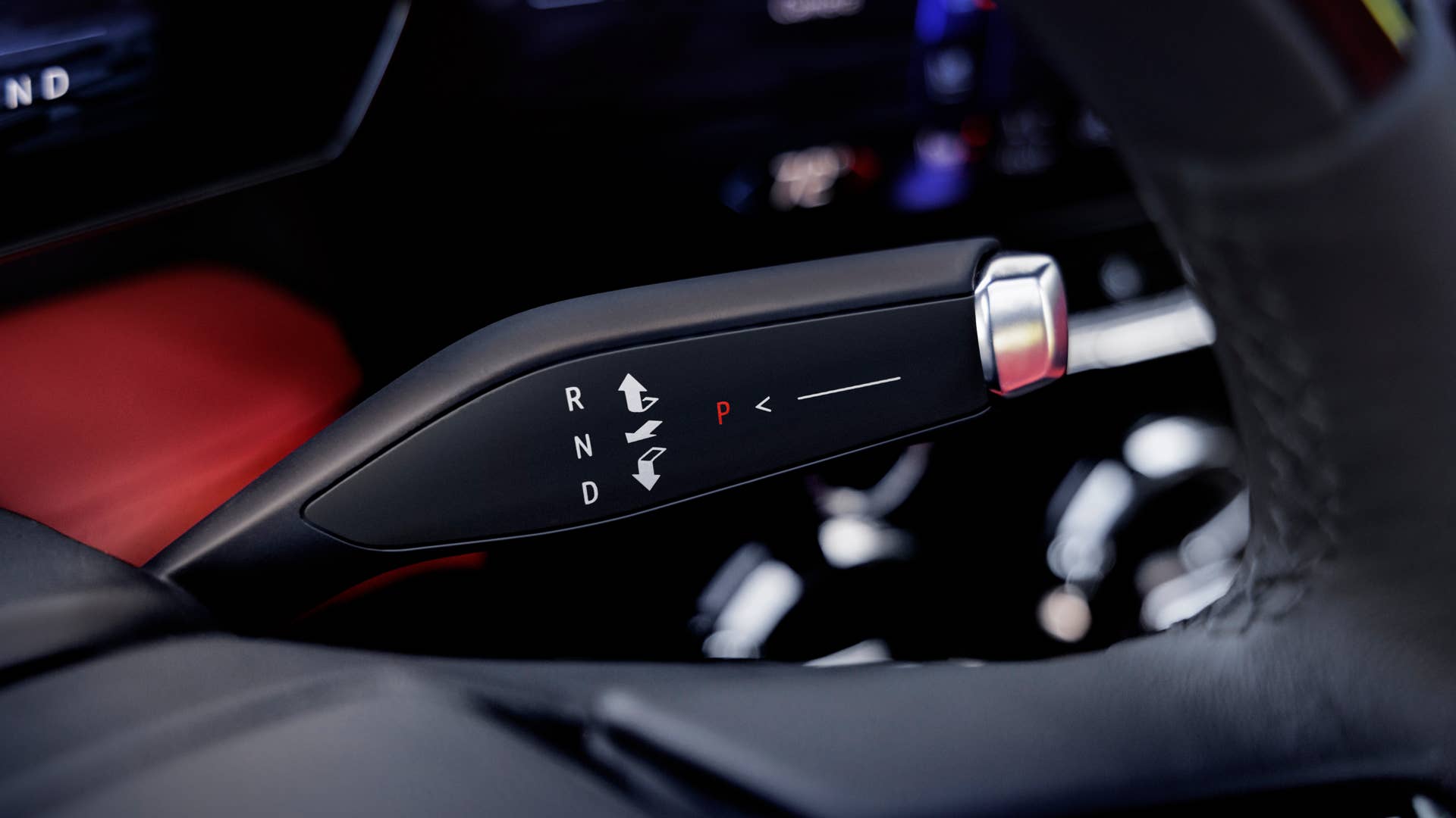 Close up of gear shifter on 2024 Chevrolet Blazer EV SS with Adrenaline Red interior. Preproduction model shown. Actual production model may vary. 2024 Chevrolet Blazer EV available Spring 2023.