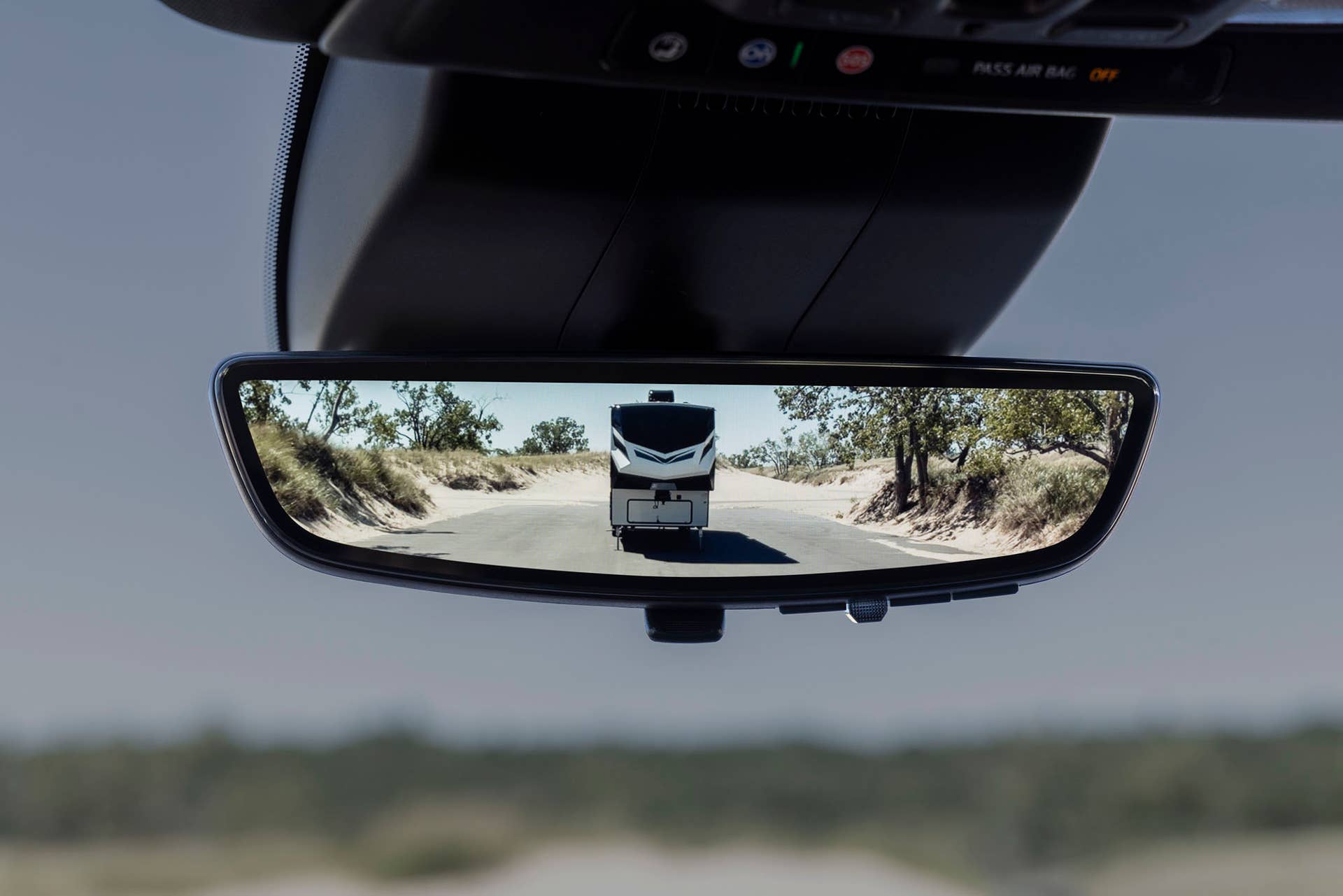 Interior shot of the GMC Sierra 3500 HD Denali rear camera mirror