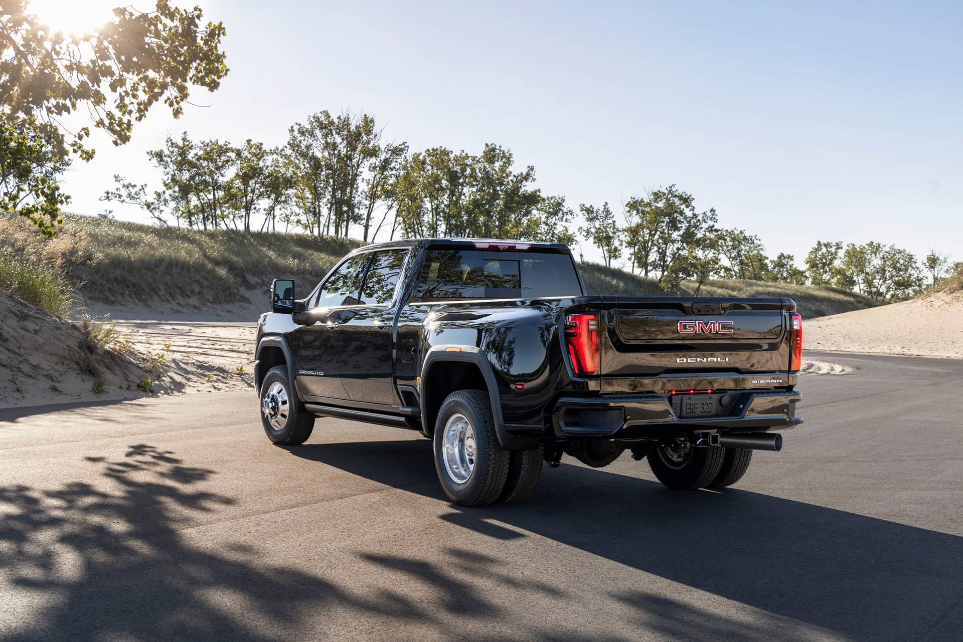 Rear 3/4 view of the GMC Sierra 3500 HD Denali
