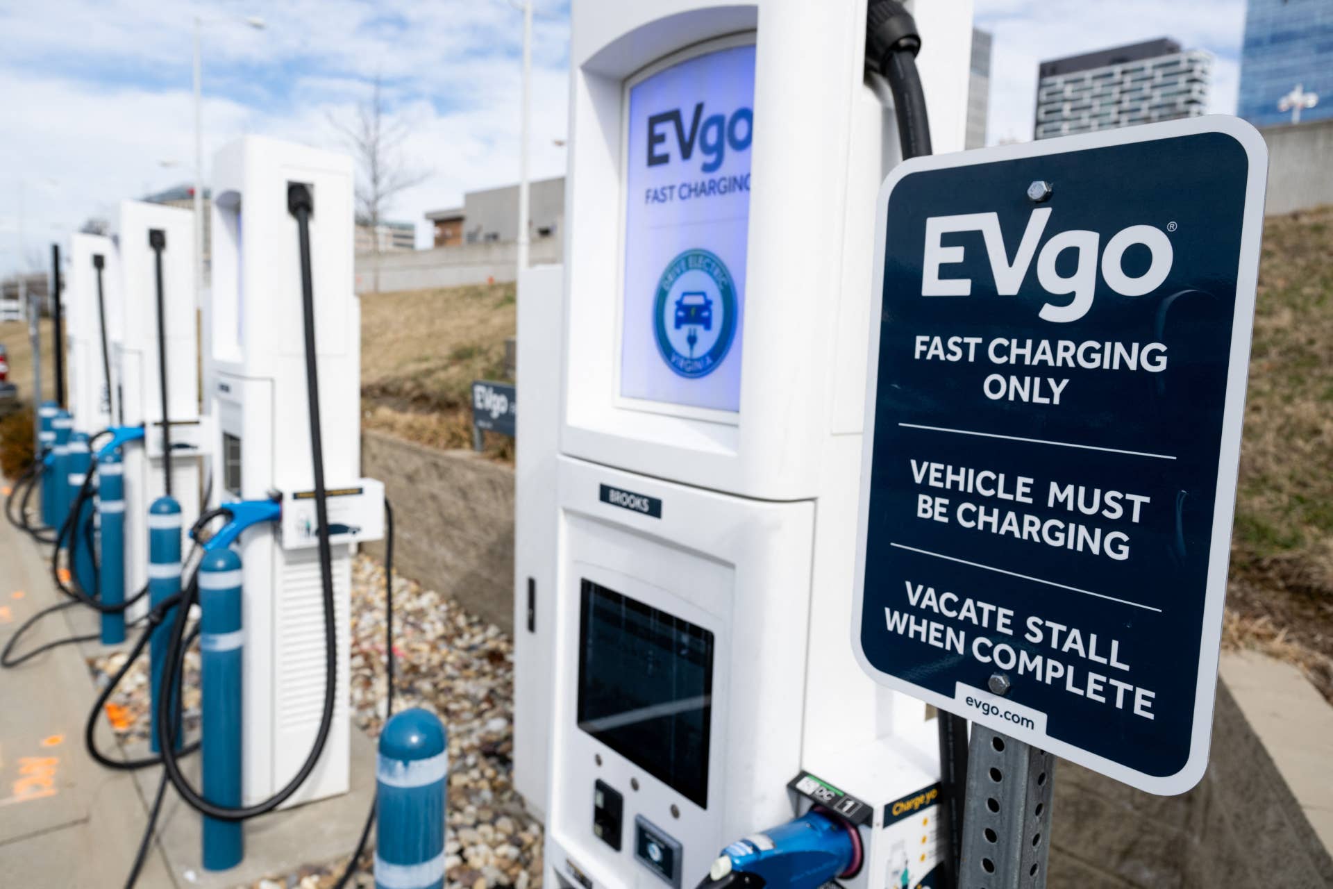 The charger plugs of an EVgo charging station in Vienna, Virginia, February 13, 2023.