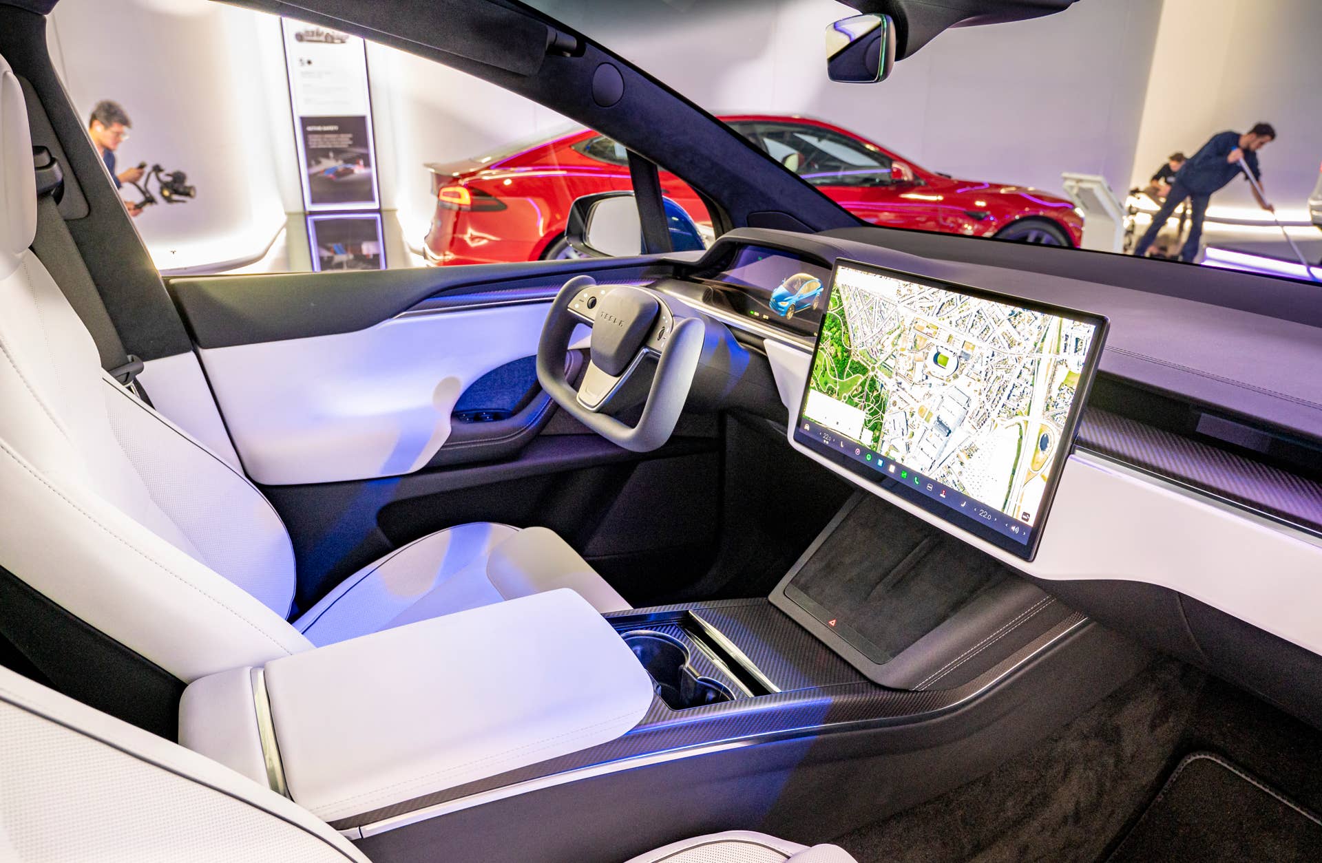 BRUSSELS, BELGIUM - JANUARY 13: Tesla Model X full electric crossover SUV interior with large touch screen on the dashboard at Brussels Expo on January 13, 2023 in Brussels, Belgium. (Photo by Sjoerd van der Wal/Getty Images)