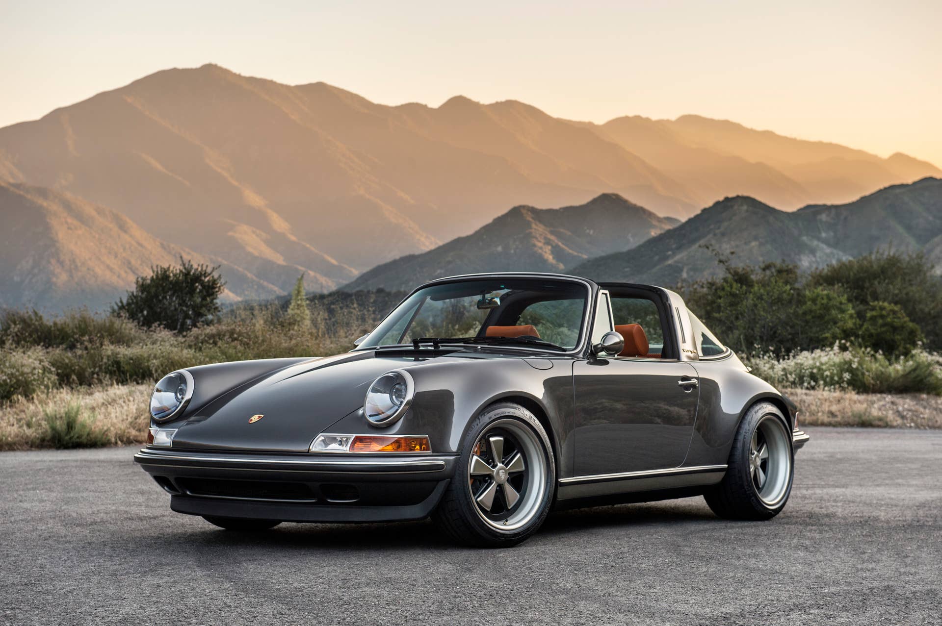 porsche 911 targa 4.0 restored by singer front gray mountains