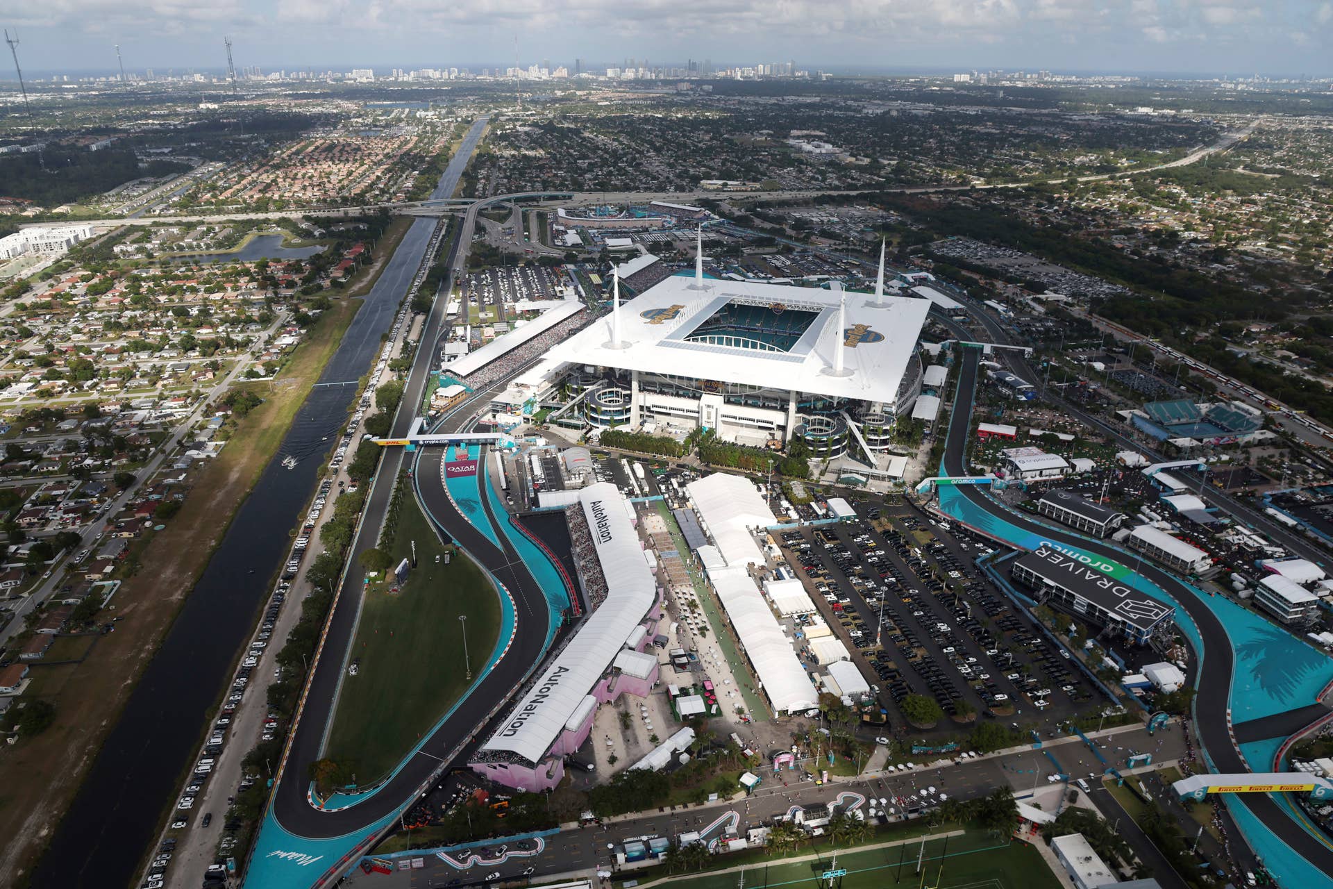 MIAMI, FL - MAY 5: Aerial view of the 2024 Miami Grand Prix on May 5, 2024 in Miami, Florida. Credit: mpi34/MediaPunch /IPX