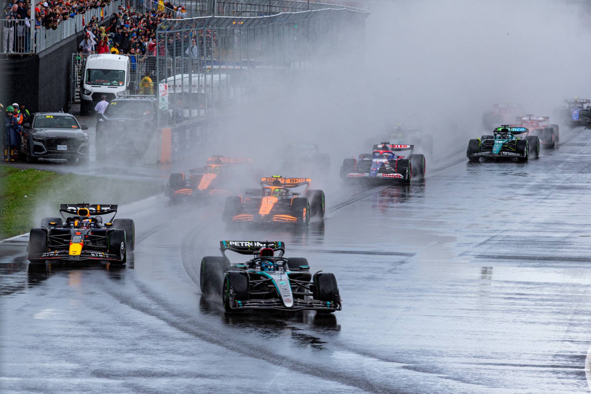 George Russell of the UK is driving the (63) Mercedes-AMG Petronas F1 Team F1 W15 E Performance Mercedes during the Formula 1 AWS Grand Prix Du Canada in Montreal, Canada, on June 9, 2024. (Photo by Alessio Morgese/NurPhoto via Getty Images)