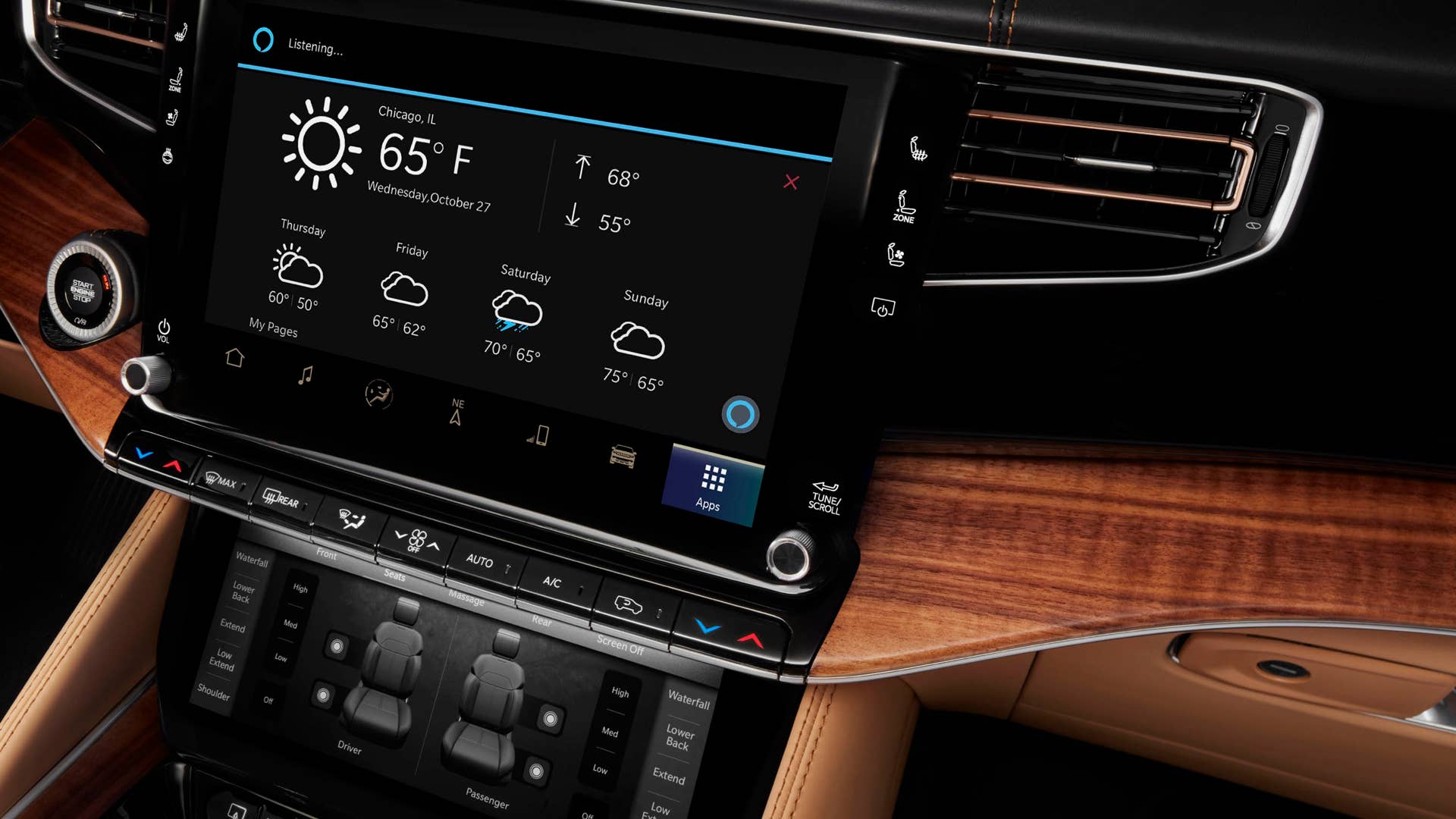 2023 Grand Wagoneer L features the new Uconnect 5 12-inch touchscreen with Alexa Home to Car functionality including in-vehicle Alexa virtual assistant with natural voice capability and Car to Home features.