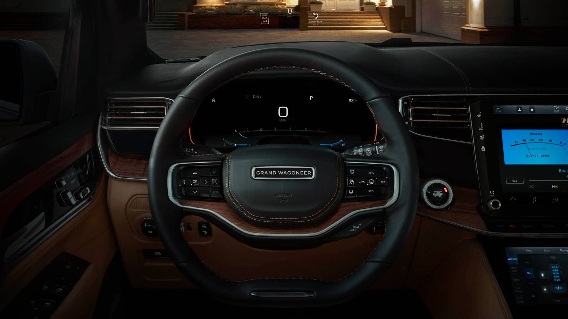 2023 Wagoneer L and Grand Wagoneer L offer a windshield Head-up display (HUD). The full color display is configurable up to 10-inches and features three (simple, standard, advanced) predefined configurations with layouts, including Lane Departure, Lane Keep Assist, Adaptive Cruise Control, turn-by-turn navigation, current speed, current gear and speed limit. All HUD settings can be personalized and saved within the driver profiles.
