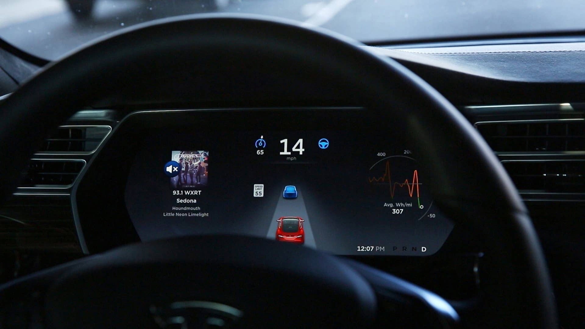The dashboard of the software-updated Tesla Model S P90D shows the icons enabling Tesla's Autopilot, featuring limited hands-free steering. (Chris Walker/Chicago Tribune/Tribune News Service via Getty Images)