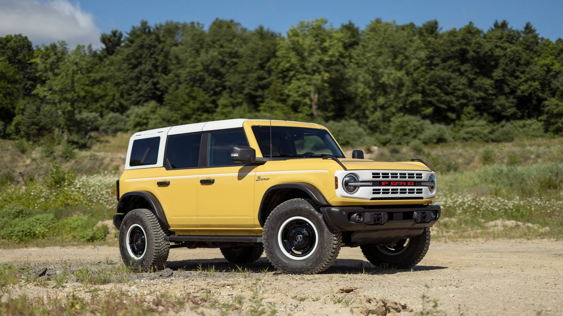 Bronco Heritage Limited Edition available winter 2023.  Limited availability. Preproduction models shown.  Always consult the Owner’s Manual before off-road driving, know your terrain and trail difficulty, and use appropriate safety gear.