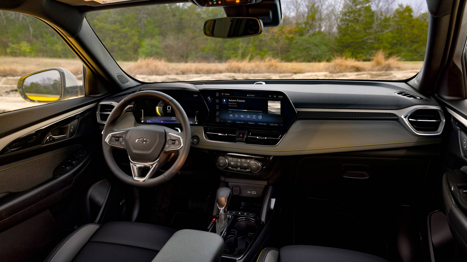 View of front cabin in 2024 Chevrolet Trailblazer ACTIV with Jet Black with Artemis interior. Preproduction model shown. Actual production model may vary. Available in fall 2023.