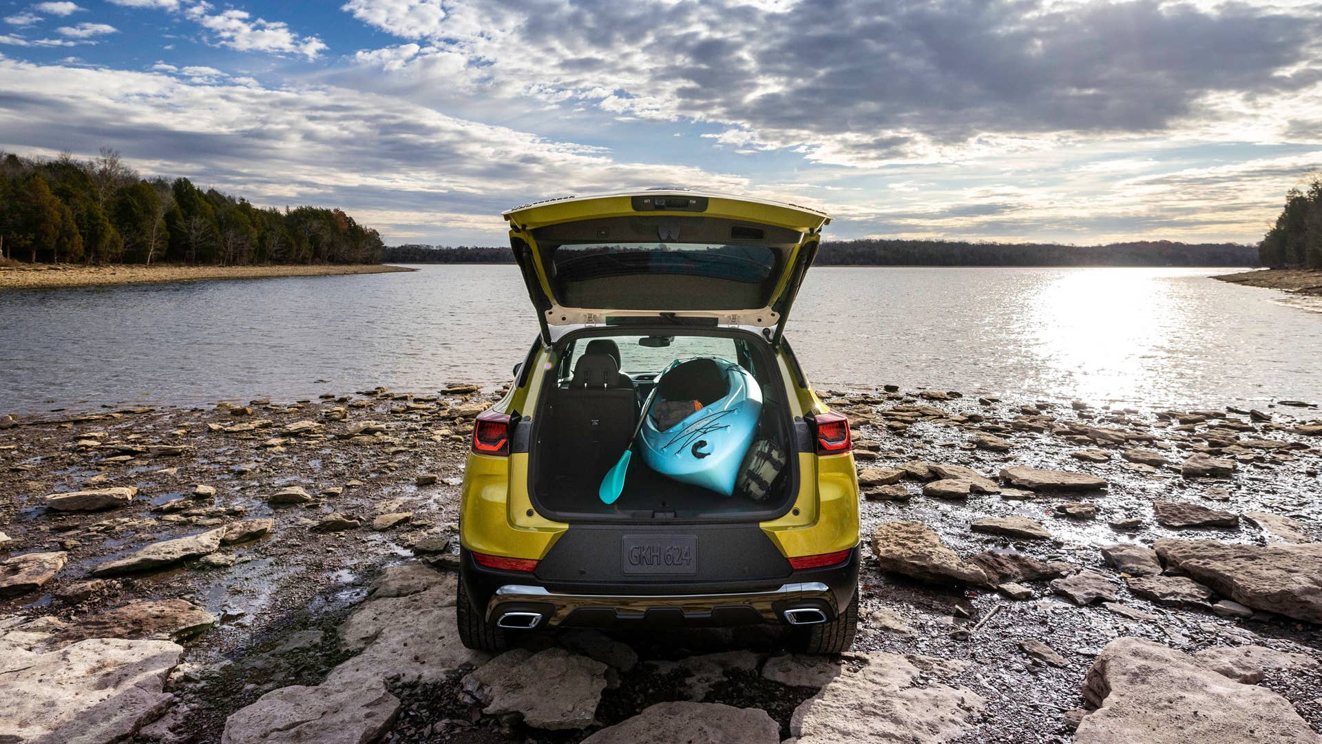 Rear view of cargo space in 2024 Chevrolet Trailblazer ACTIV in Nitro Yellow Metallic with Jet Black with Artemis interior. Preproduction model shown. Actual production model may vary. Available in fall 2023.