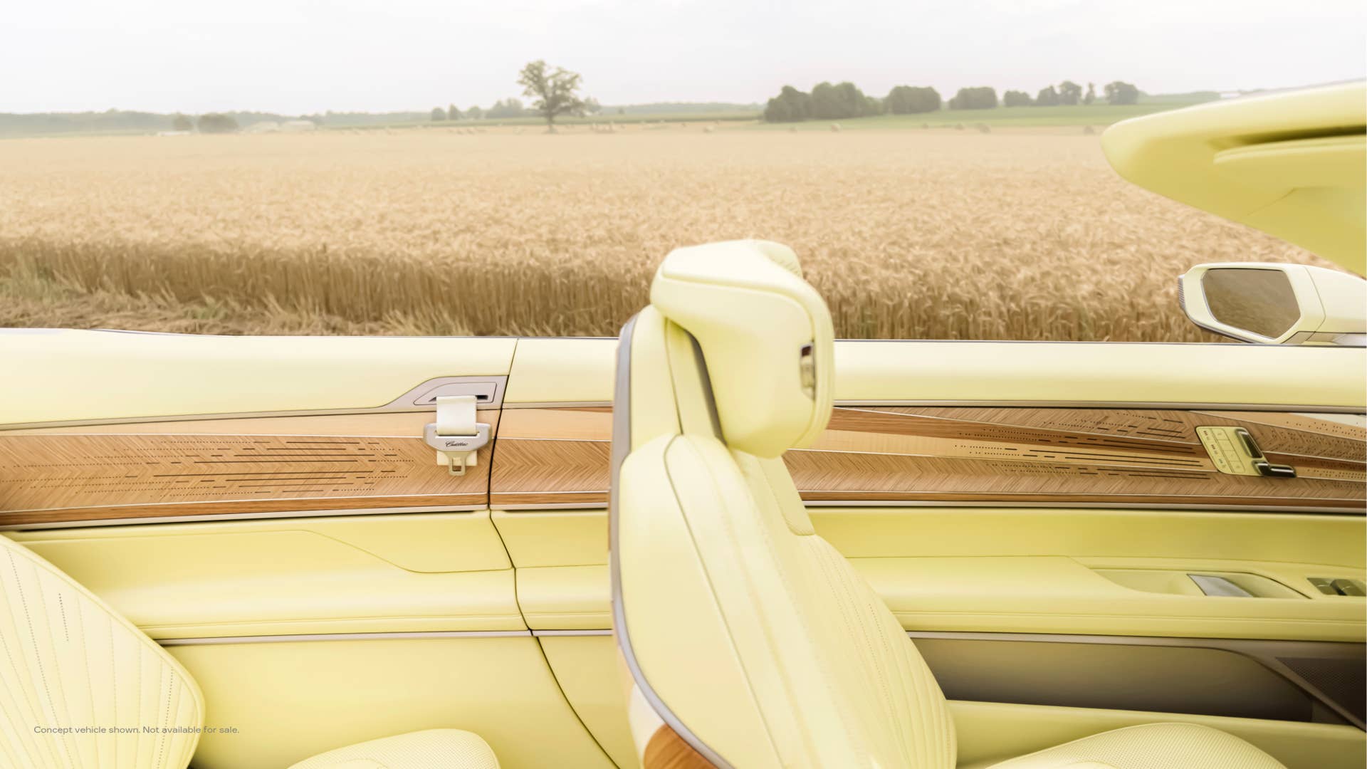 Cadillac Sollei Concept interior with yellow seats and wood trim, field in the background.
