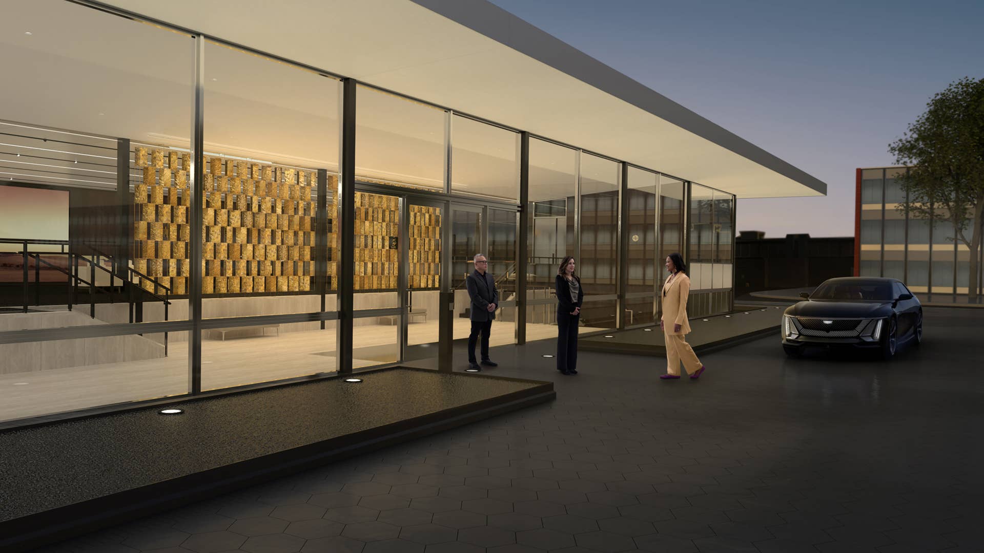 Architectural exterior rendering of the completed Cadillac House at Vanderbilt. Once completed, the facility will welcome clients to collaborate personally with CELESTIQ designers and a concierge for an unparalleled custom commission experience.