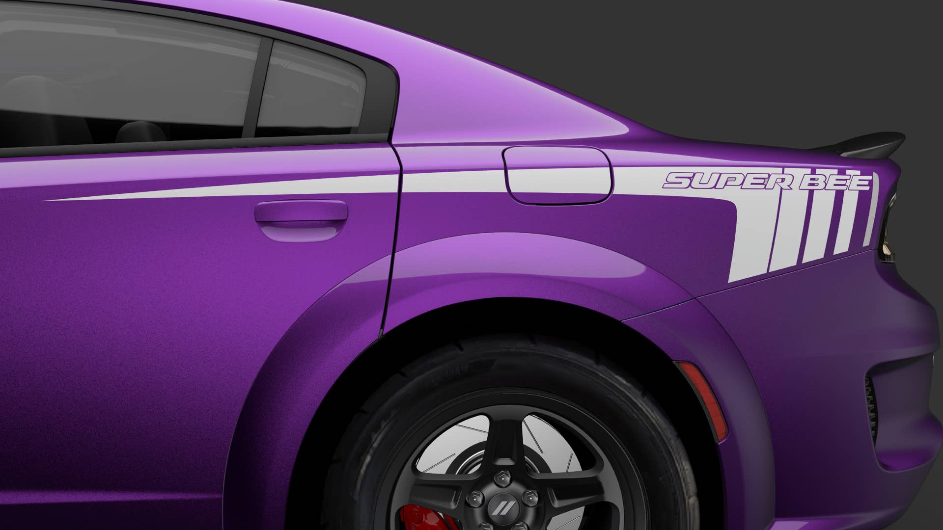 Super Bee exterior graphics on the functional hood scoop and rear fenders (Blue graphics with B5 Blue, white graphics with Plum Crazy) add to the unique feel of the special-edition 2023 Dodge Charger Super Bee.
