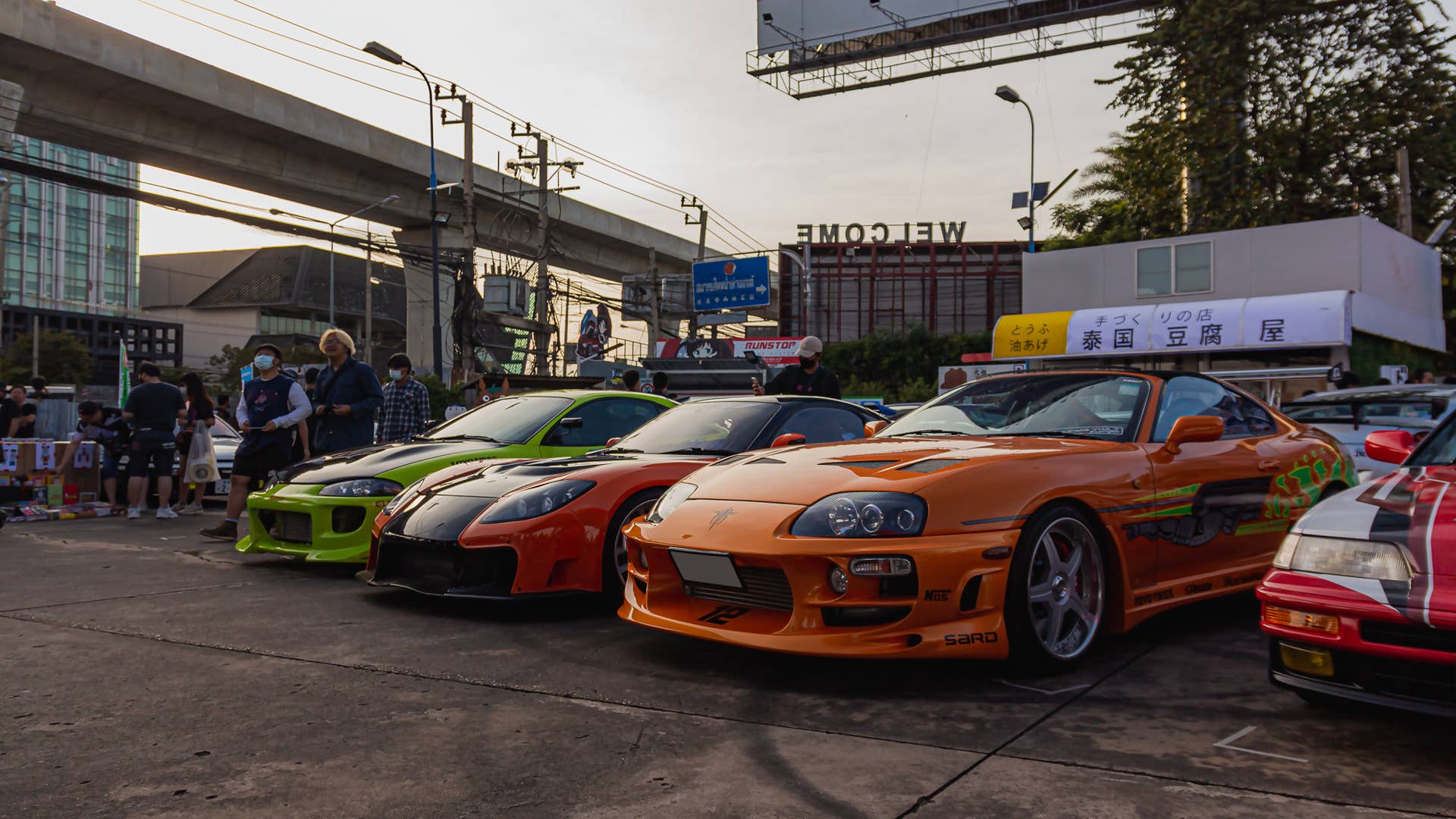 Bangkok, Thailand : 19-12-20 A three beautiful cars modified like from fast and furious movie. it's have Eclipse and supra from The first film and rx7 veilside from tokyo drift  in a big cars meeting