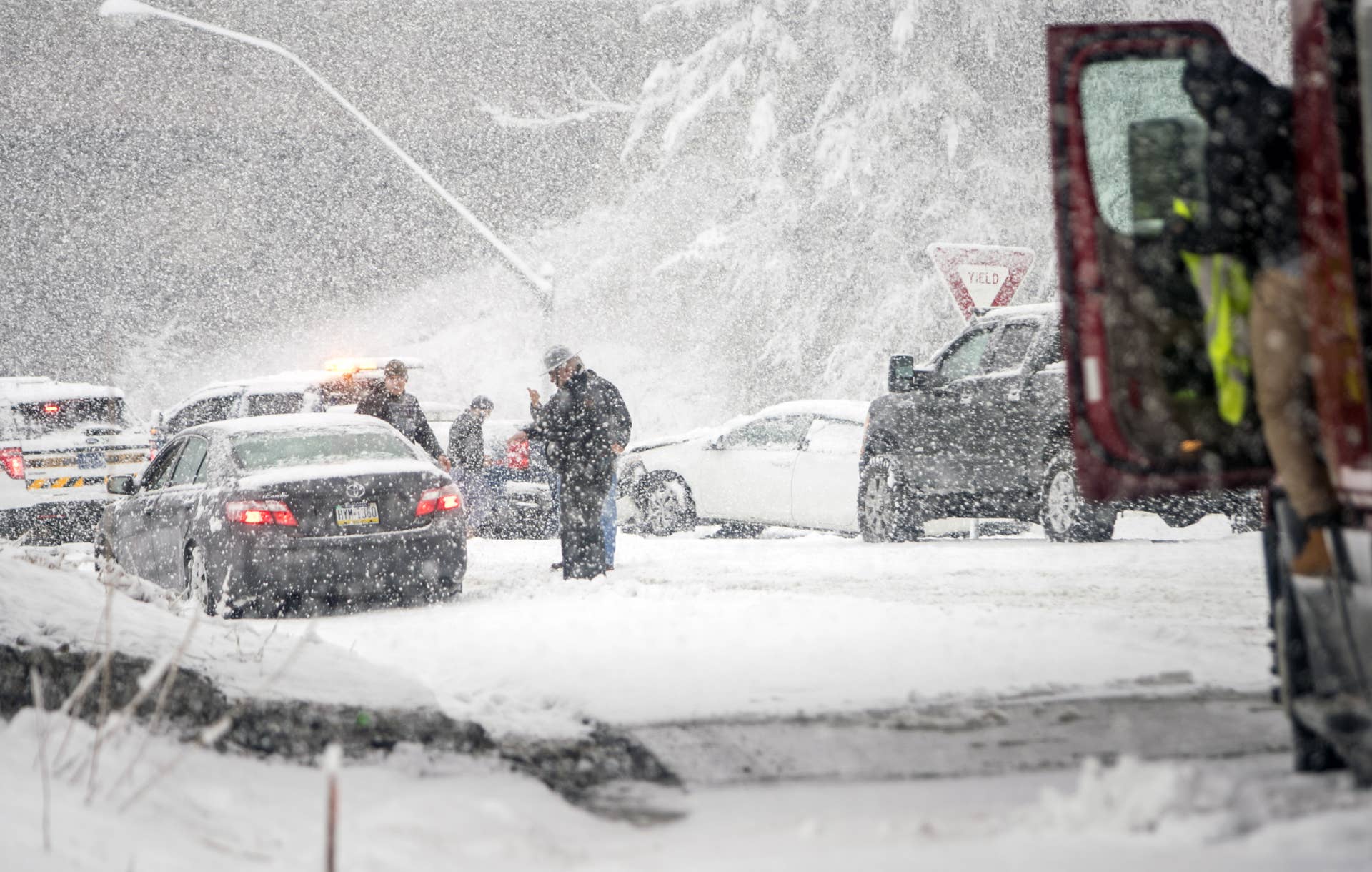 PHILADELPHIA, PA - MARCH 07: Pennsylvania State Troopers handle a car accident caused by winter weather on March 7, 2018 along the Pennsylvania Turnpike in Philadelphia, Pennsylvania, This is the second nor'easter to hit the Northeast within a week and is expected to bring heavy snowfall and winds, raising fears of another round of electrical outages.  (Photo by Jessica Kourkounis/Getty Images)