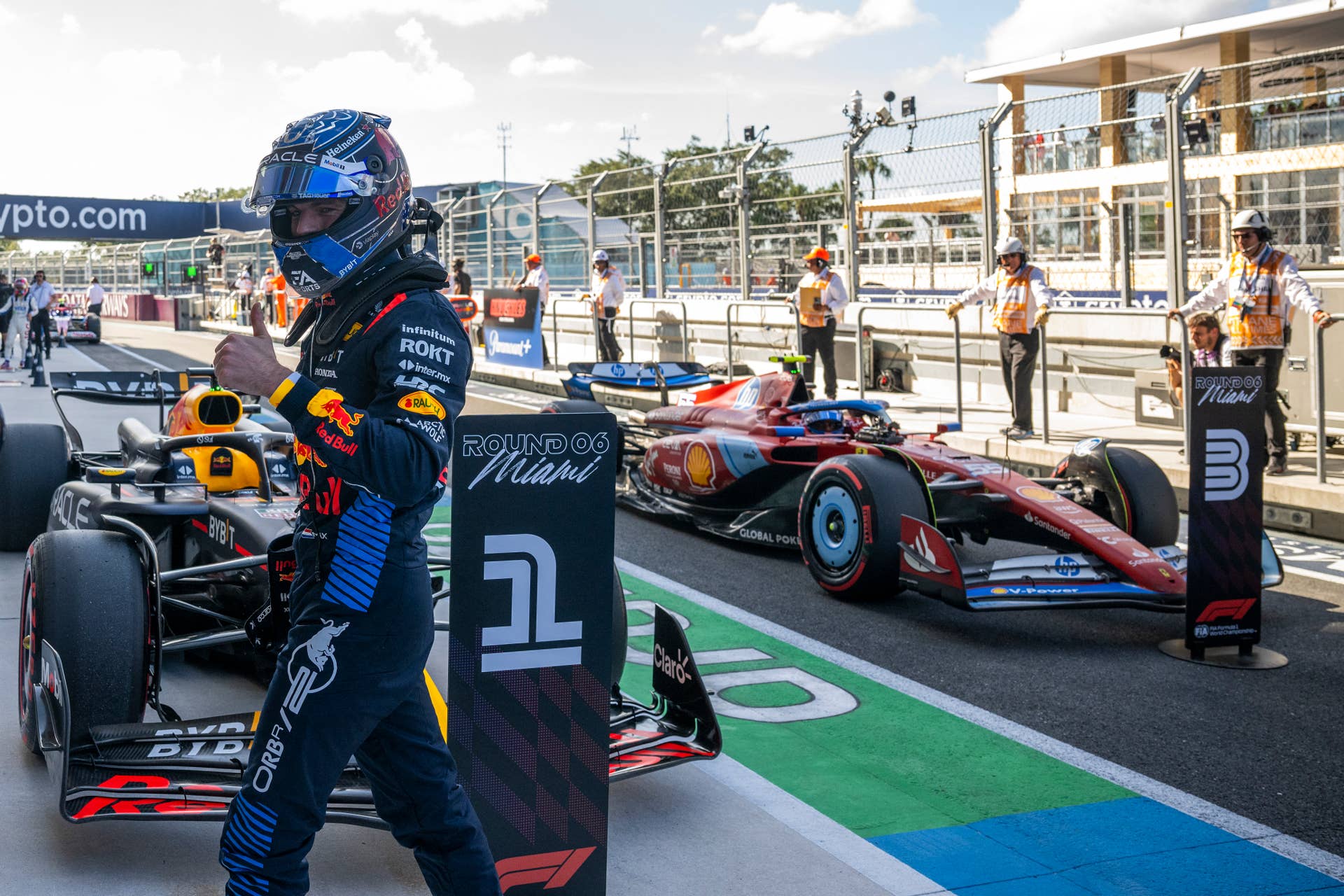 Red Bull Racing's Dutch driver Max Verstappen celebrates the pole position after the qualifying session for the 2024 Miami Formula One Grand Prix at Miami International Autodrome in Miami Gardens, Florida, on May 4, 2024. (Photo by Jim WATSON / AFP) (Photo by JIM WATSON/AFP via Getty Images)