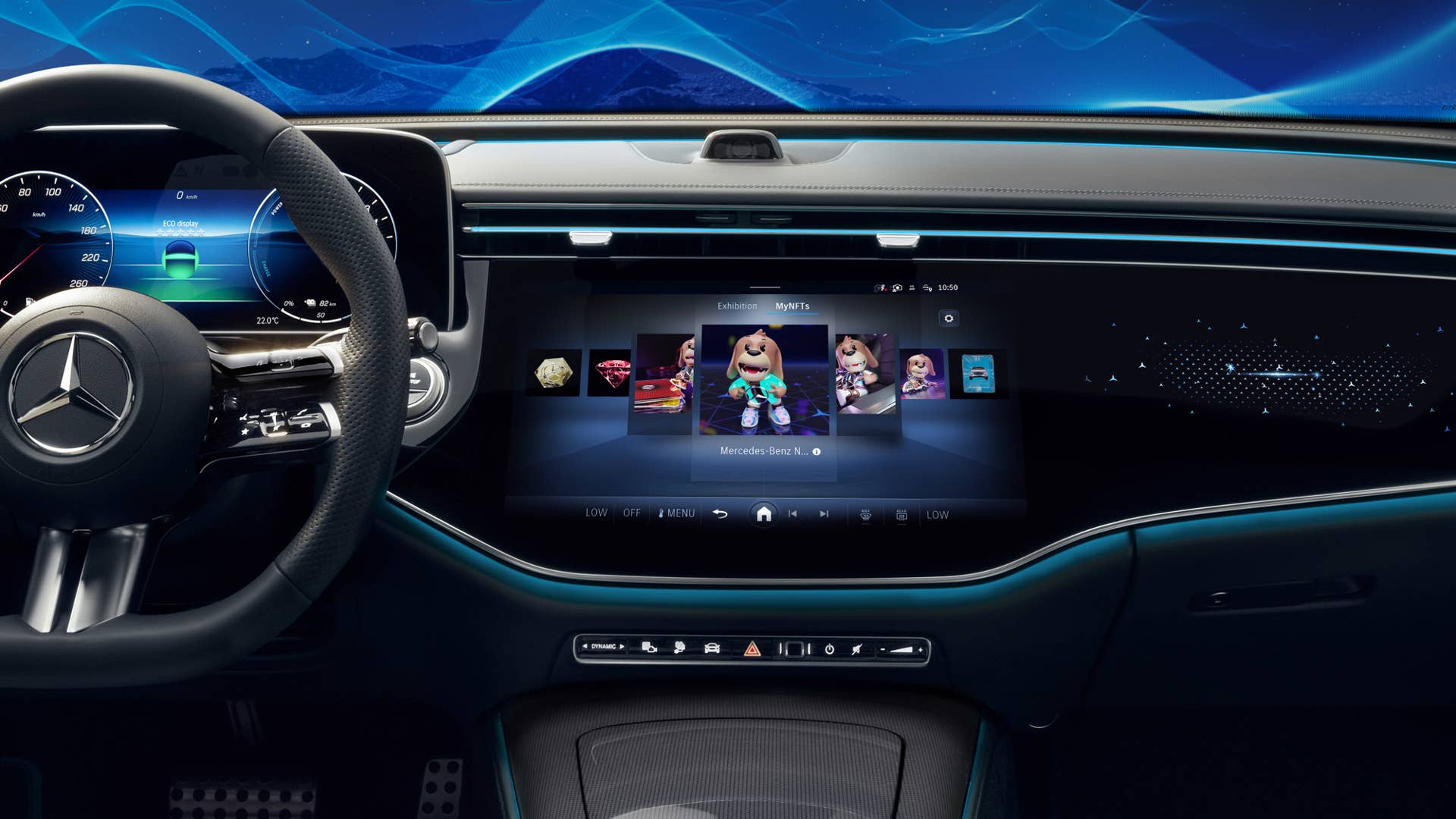 Mercedes-Benz E-Klasse | 2023: Große Glasfläche mit neu gestalteten Icons. ( Displayinhalt kann von Serienstand abweichen ) // Mercedes-Benz E-Class | 2023: Large glass surface with newly designed icons. ( Display content may differ from series status )