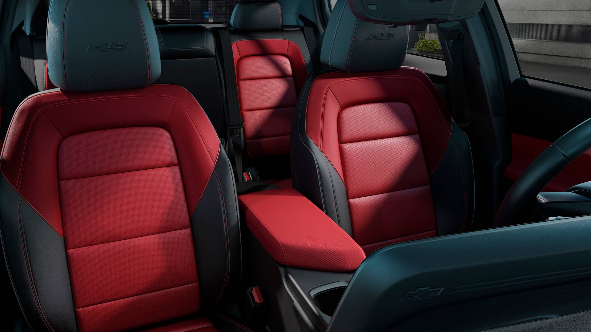 View of front and rear cabins in 2024 Chevrolet Equinox EV 3RS with Adrenaline Red interior. Preproduction model shown. Actual production model may vary. 2024 Chevrolet Equinox EV available Fall 2023.