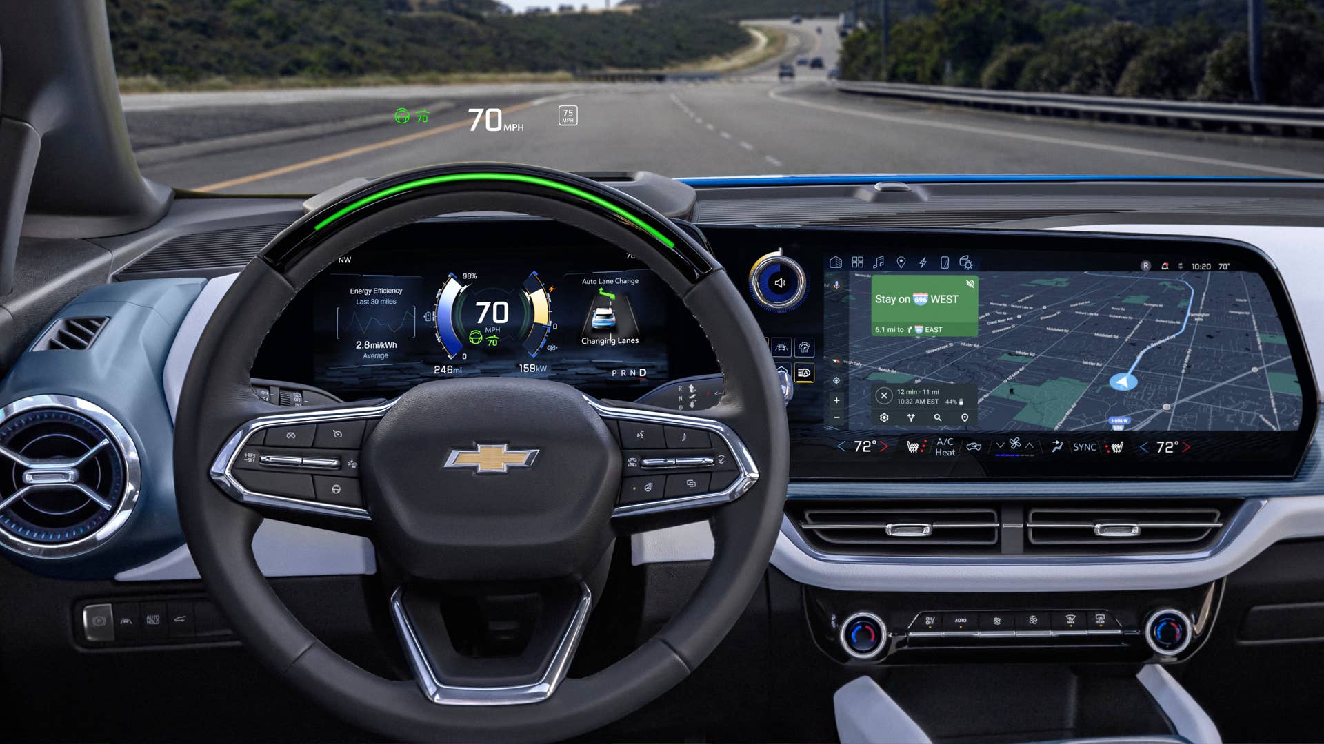 View of driver’s side front cabin in 2024 Chevrolet Equinox EV 3LT with Super Cruise activated. Preproduction model shown. Actual production model may vary. 2024 Chevrolet Equinox EV available Fall 2023.