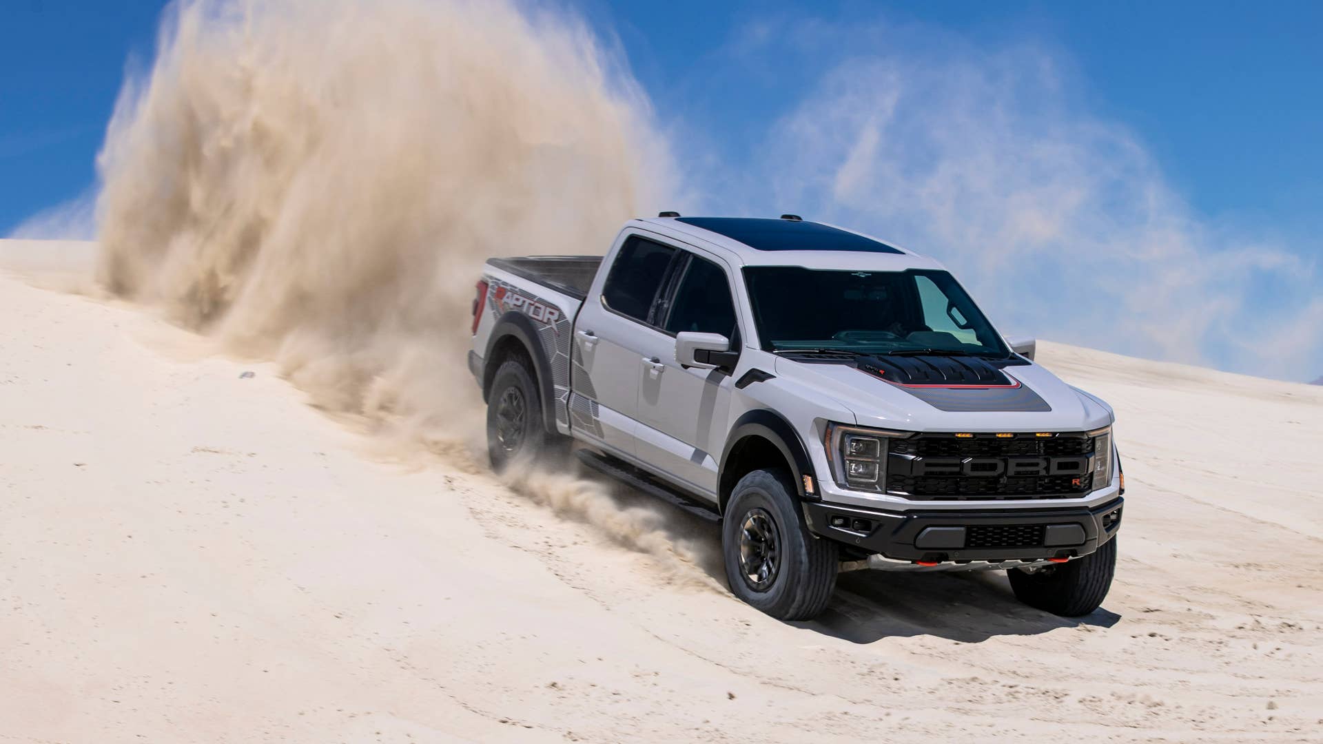 Preproduction model with optional equipment shown. Available late 2022. Professional driver on a closed course. Always consult the Raptor supplement to the Owner’s Manual before off-road driving, know your terrain and trail difficulty, and use appropriate safety gear.