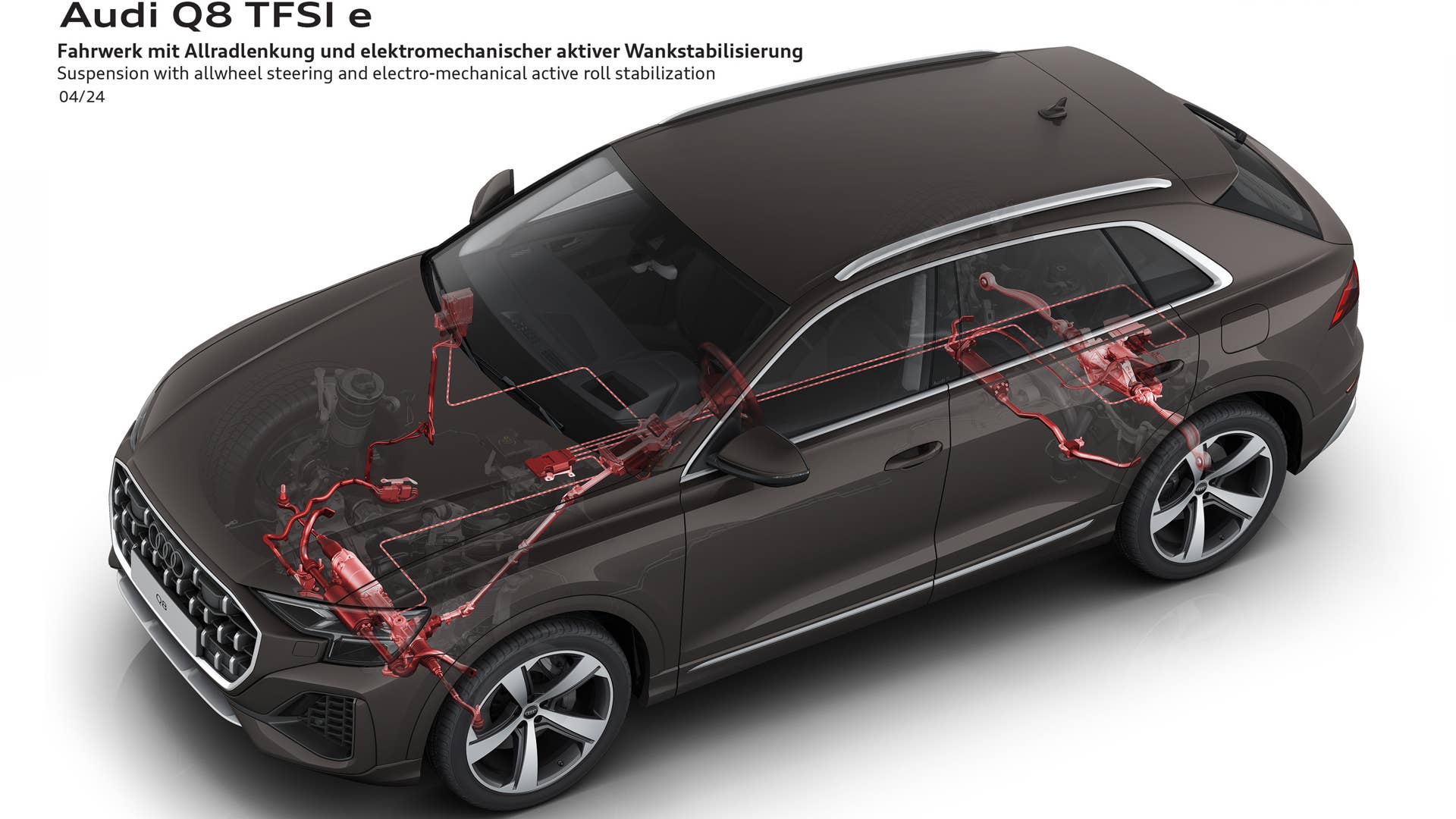 The optional all-wheel steering, available for the first time for the Q8 TFSI e quattro, ensures an increased level of safety and comfort. The optional electromechanical active roll stabilization (eAWS) reduces body roll during sporty driving.