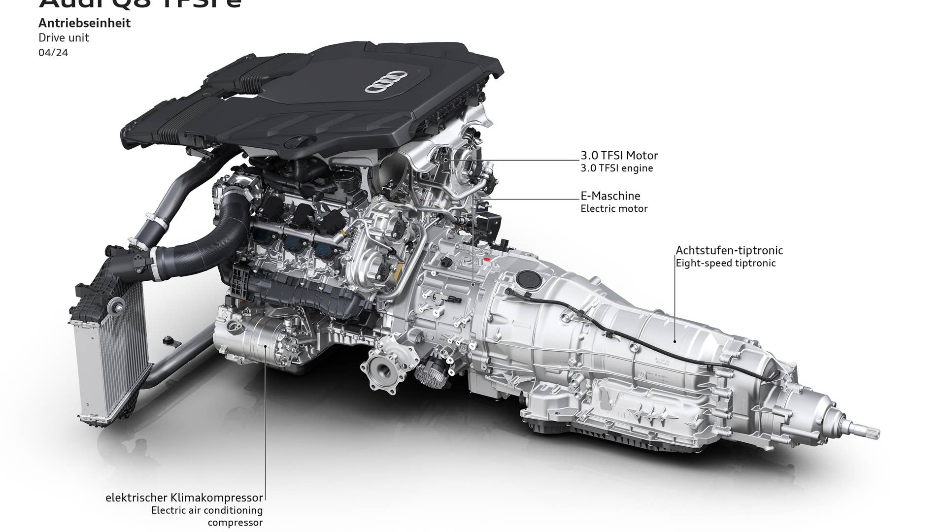 On the combustion side, a three-liter six-cylinder petrol engine [250 kW (340 hp)] always works together with the compact electric motor (PSM) with a maximum output of 130 kW. The power unit is always coupled to an eight-speed tiptronic.