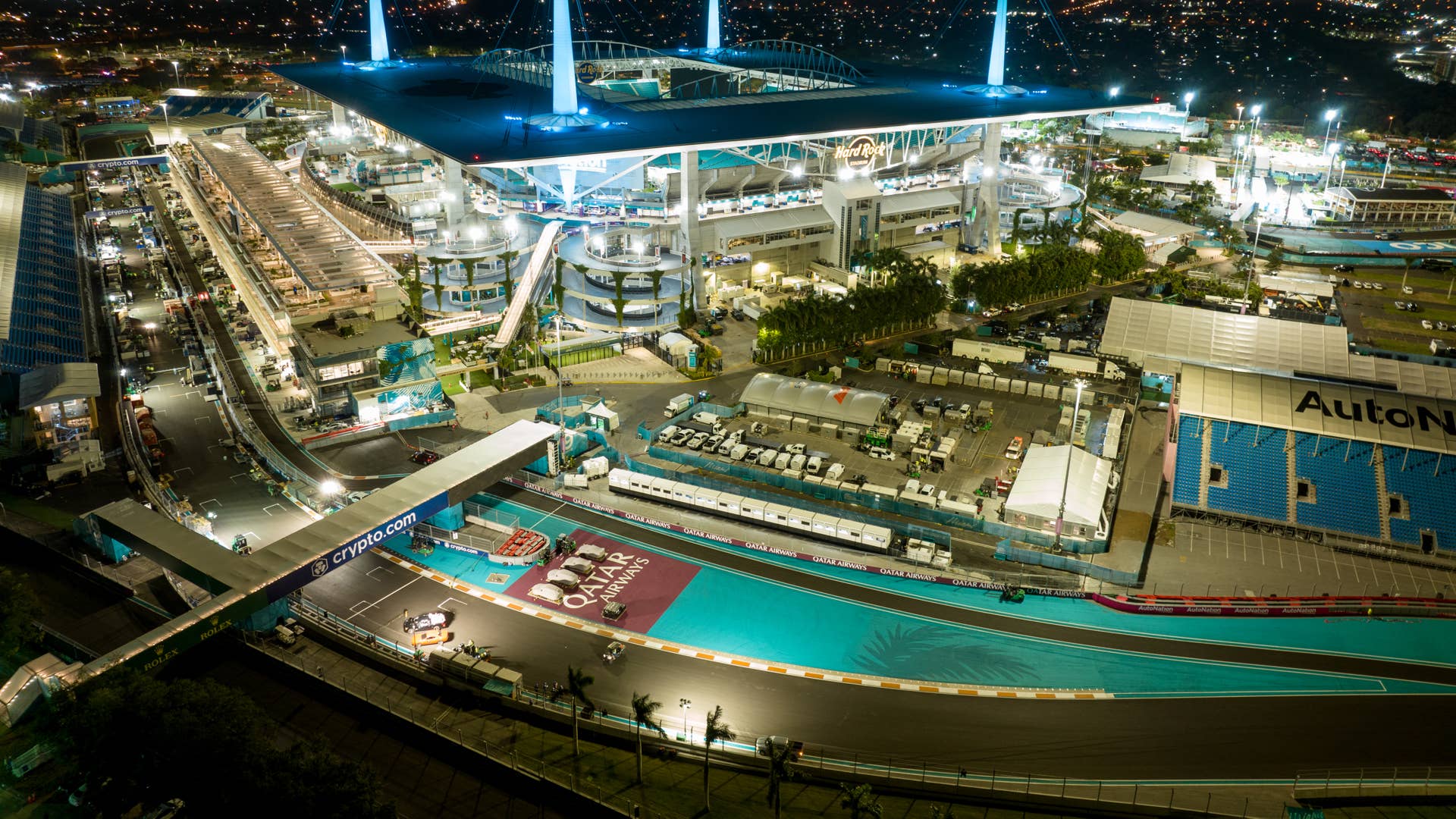 Miami, FL, USA - May 7, 2023: Night photo Formula One F1 Grand Prix race Miami Hard Rock Stadium