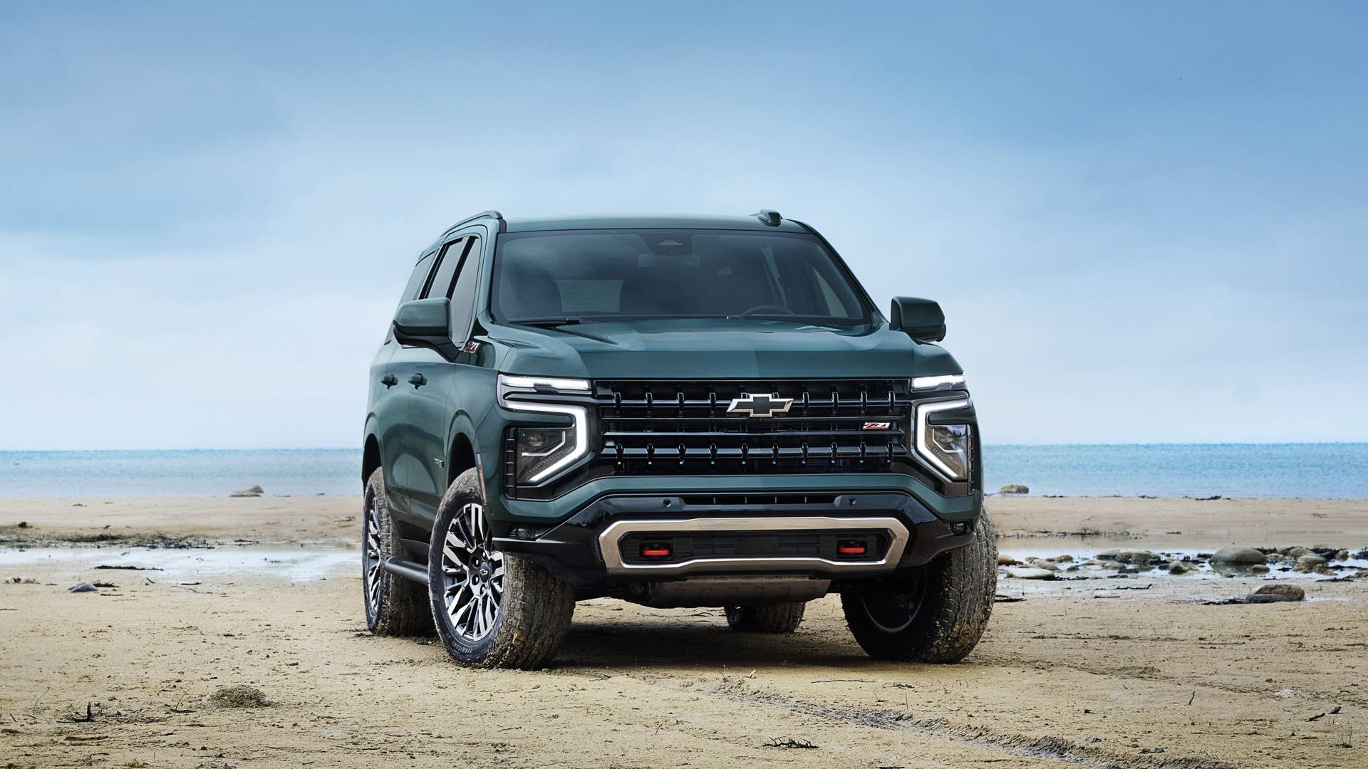 Front 3/4 shot of the 2025 Tahoe Z71 on a beach