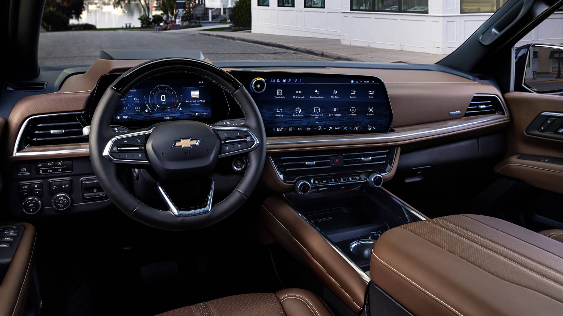 Driver view of the new interior on the 2025 Suburban High Country. Super Cruise available in 2025 after initial launch.