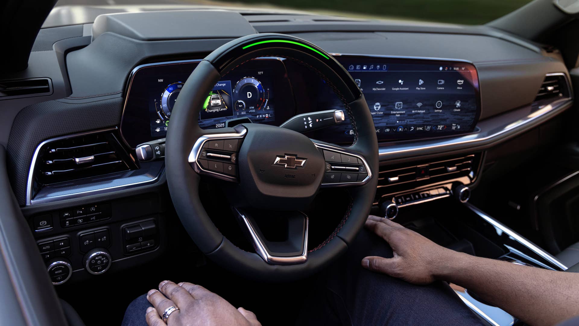 Driver activating Super Cruise on the 2025 Tahoe RST. Super Cruise available in 2025 after initial launch.