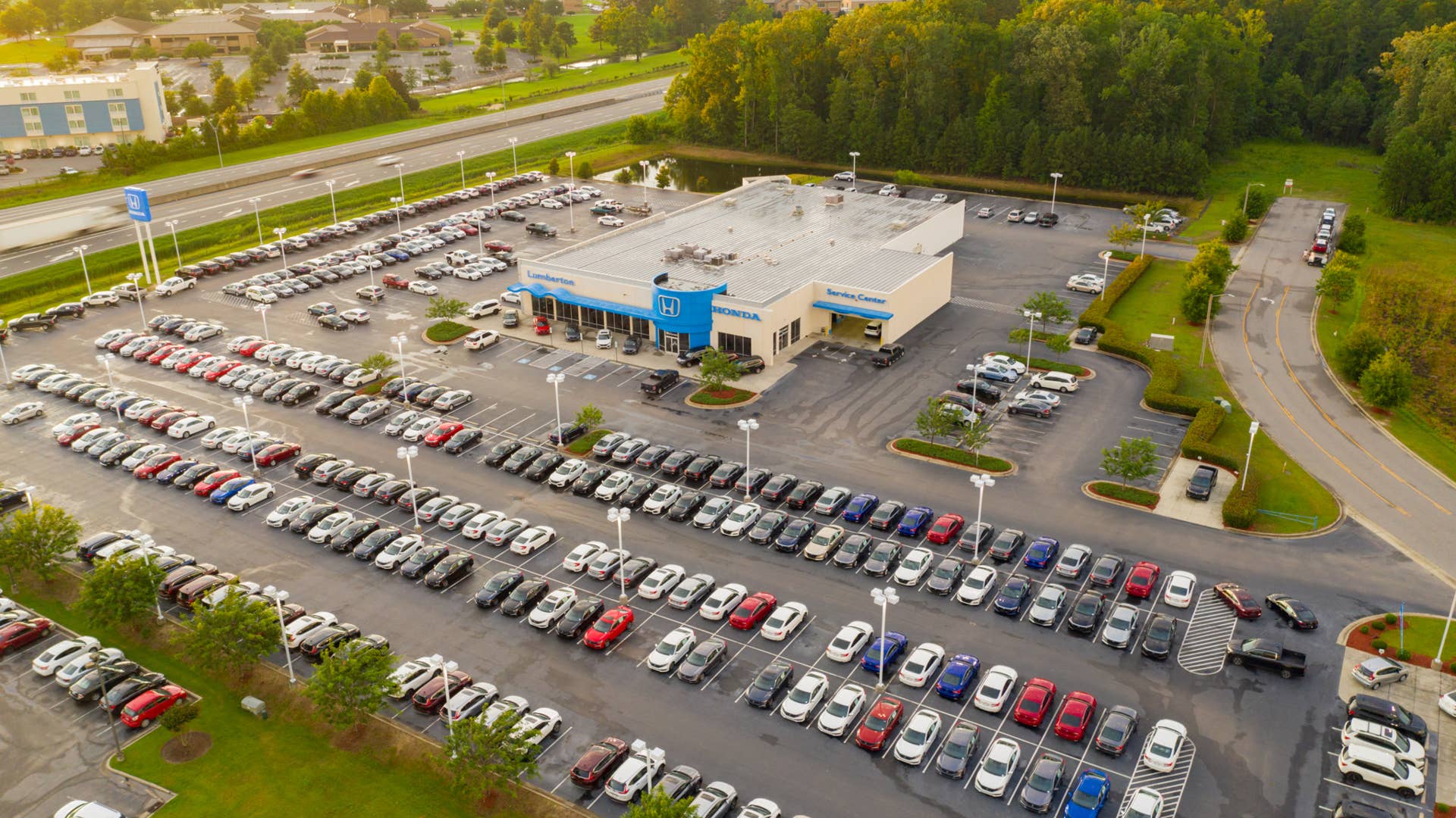 LUMBERTON, NC, USA - JUNE 22, 2019: Aerial photo Lumberton Honda USA