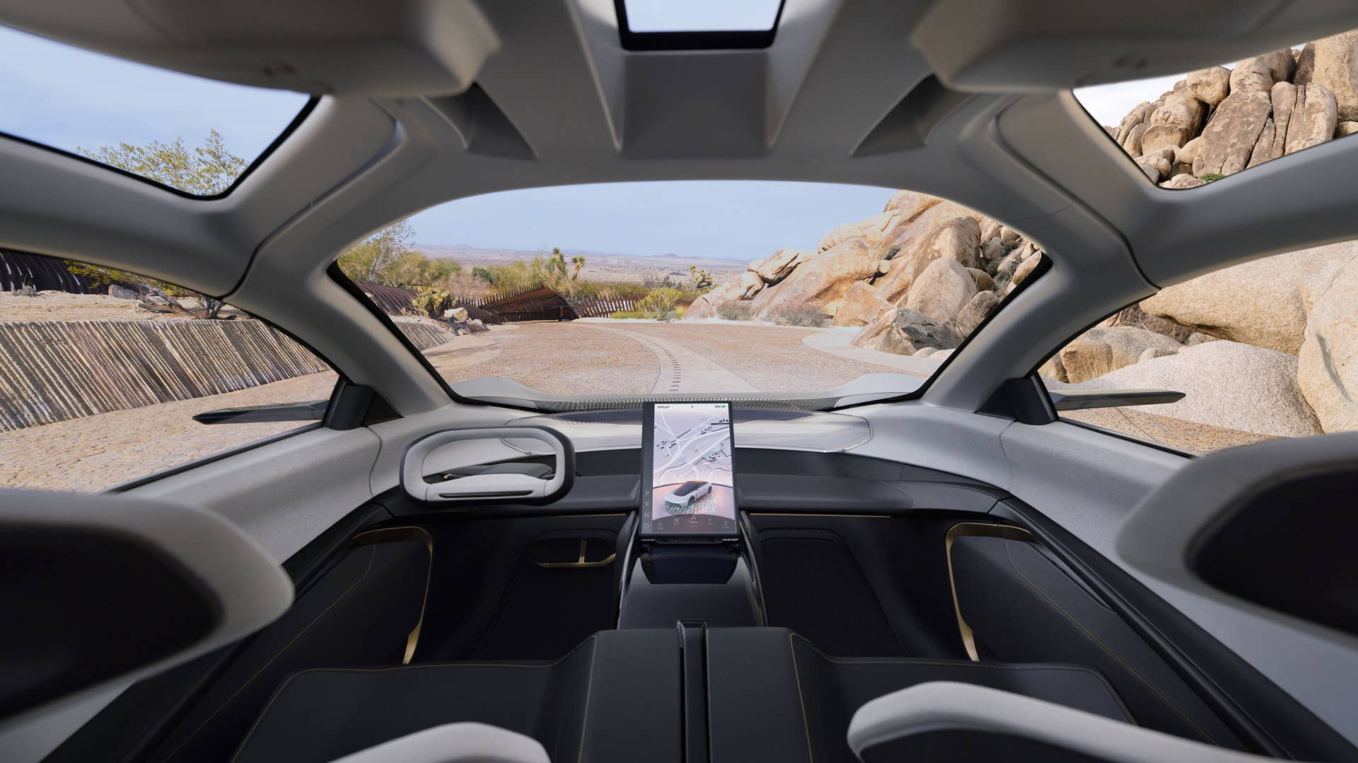 The interior of the Chrysler Halcyon Concept is an immersive environment with an almost 360-degree range of view, possessing a duality that delivers a “digital detox” cockpit through stress-free autonomous features.