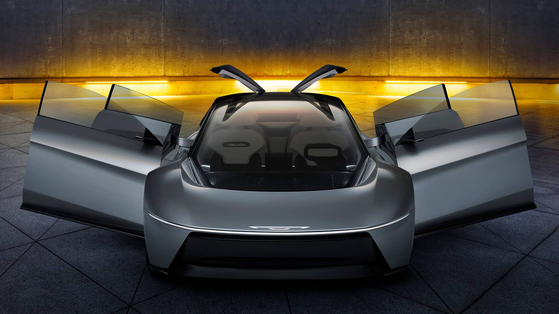 Chrysler Halcyon Concept with butterfly canopy and red–carpet style side doors open.
