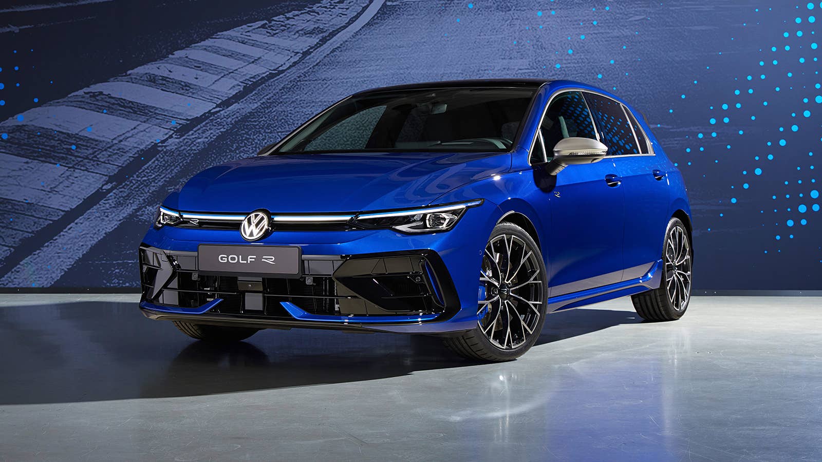 2025 VW Golf R in Lapiz Blue front angled view