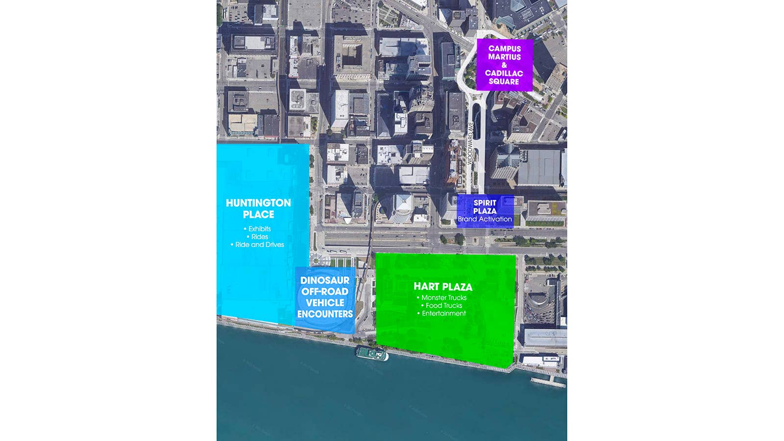 2022 Detroit Auto Show map highlighting Huntington Place, Hart Plaza, Spirit Plaza, Cadillac Square and Camp Martius