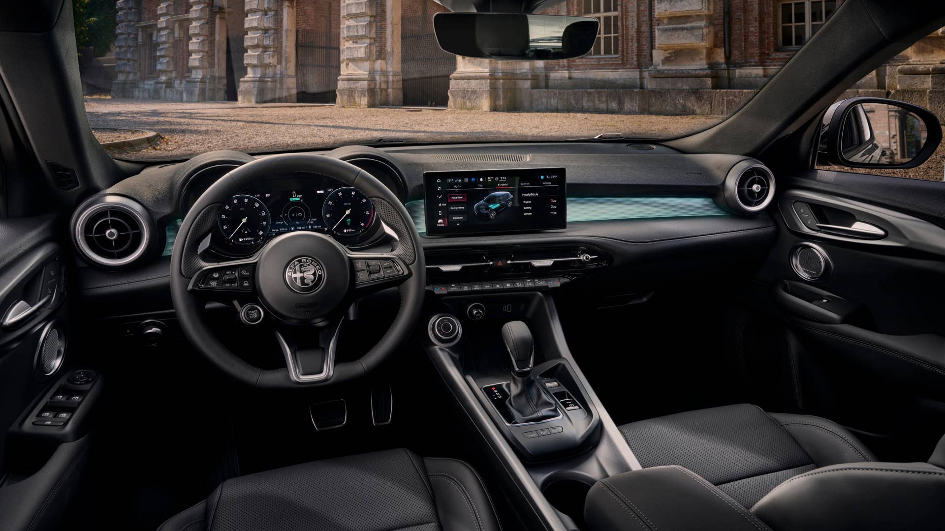 2024 Alfa Romeo Tonale interior drivers side view with classic buidings