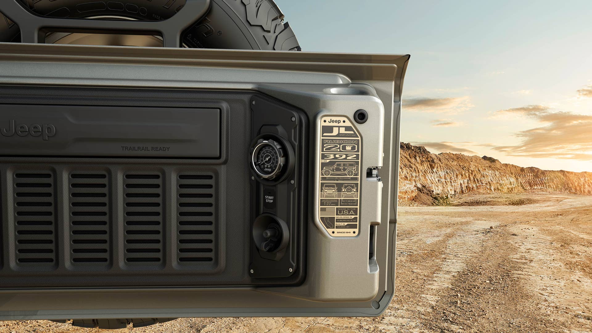 The 2023 Jeep® Wrangler Rubicon 392 20th Anniversary edition features a special swing gate plaque and, available on Wrangler for the first time ever, a factory-installed on-board air compressor