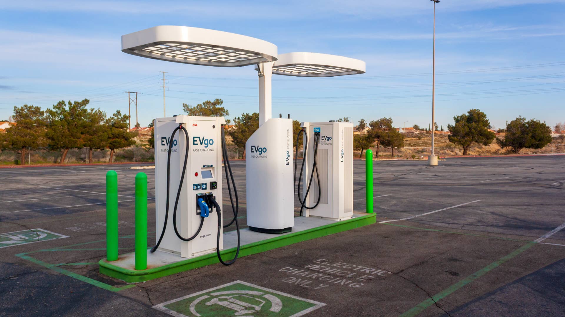 Victorville, California / United States - March 11, 2019: An EVgo charging station at the Victor Valley Mall in the City of Victorville.