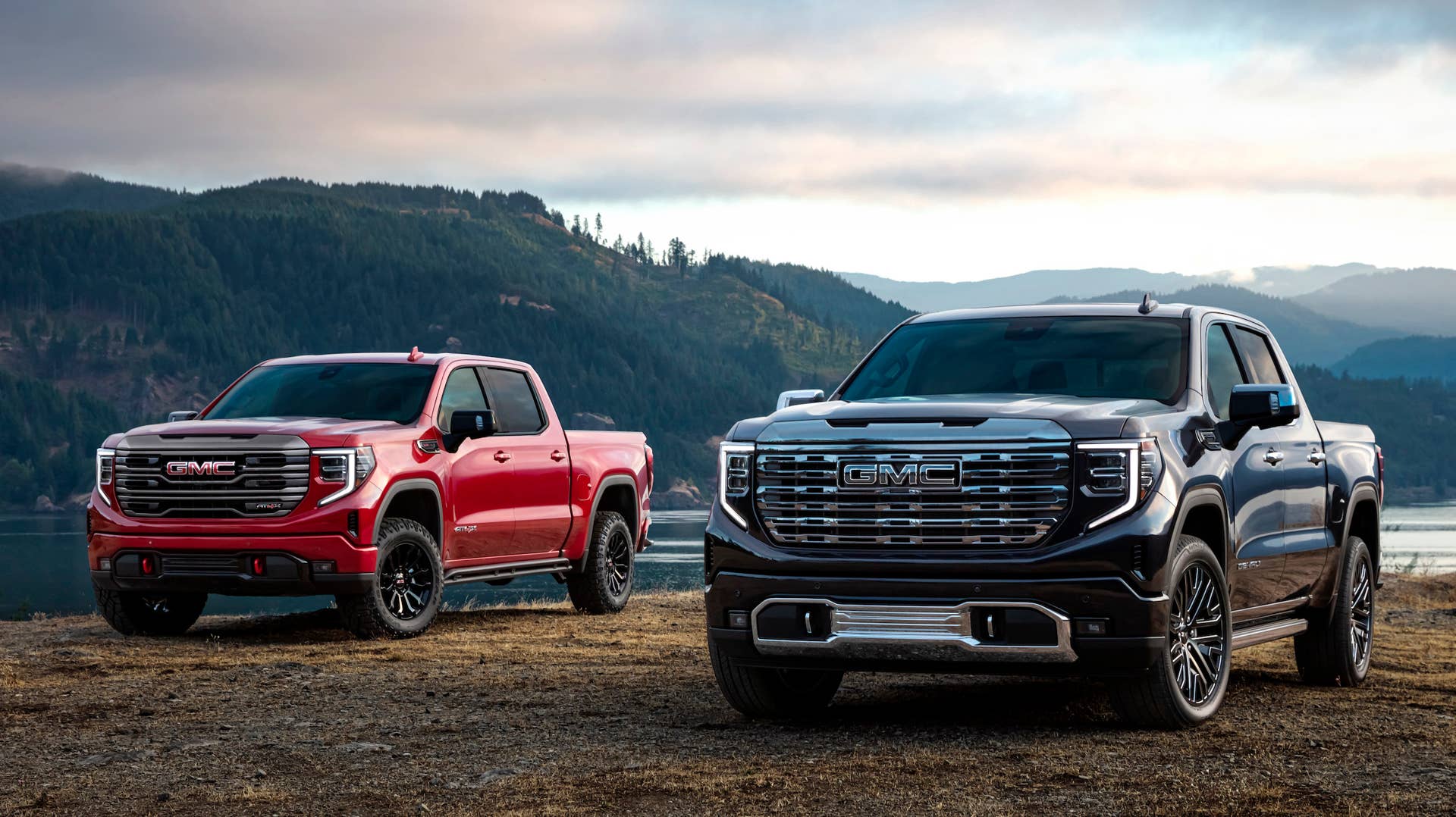 (l to r) 2022 GMC Sierra AT4X and Sierra Denali Ultimate